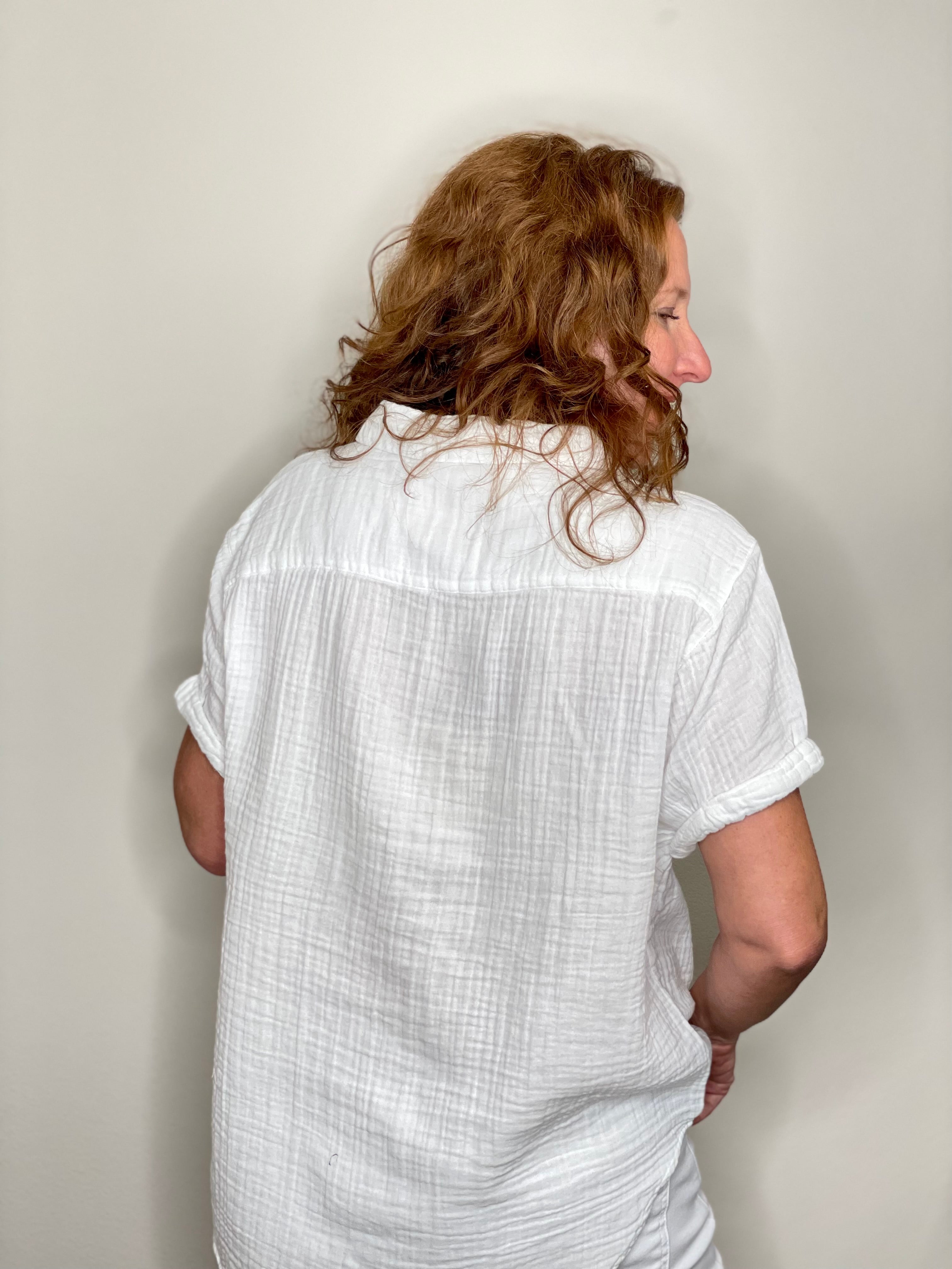 Dylan Gauze Short Sleeve Button Up in White.