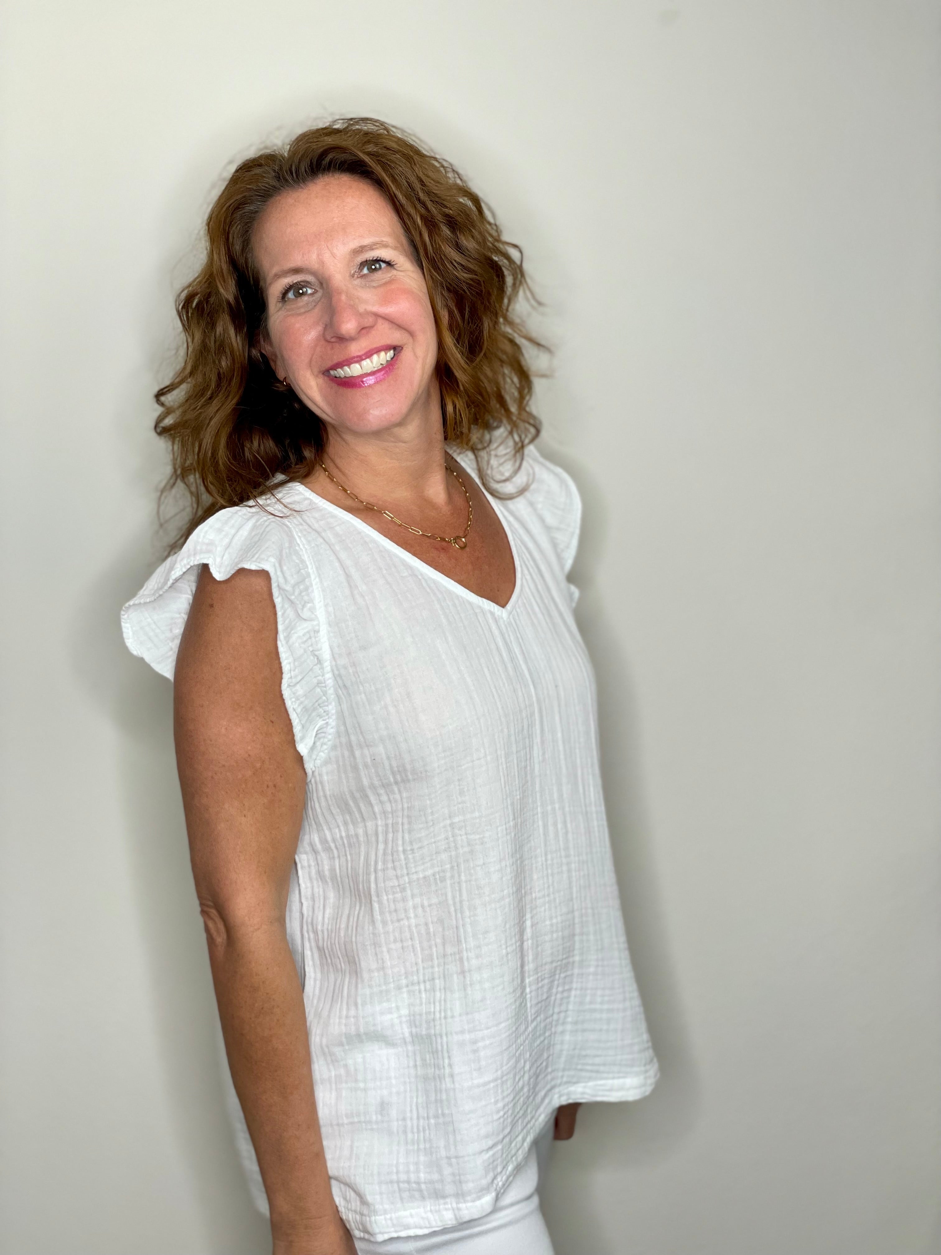 Dylan Gauze Ruffle V-Neck in White.