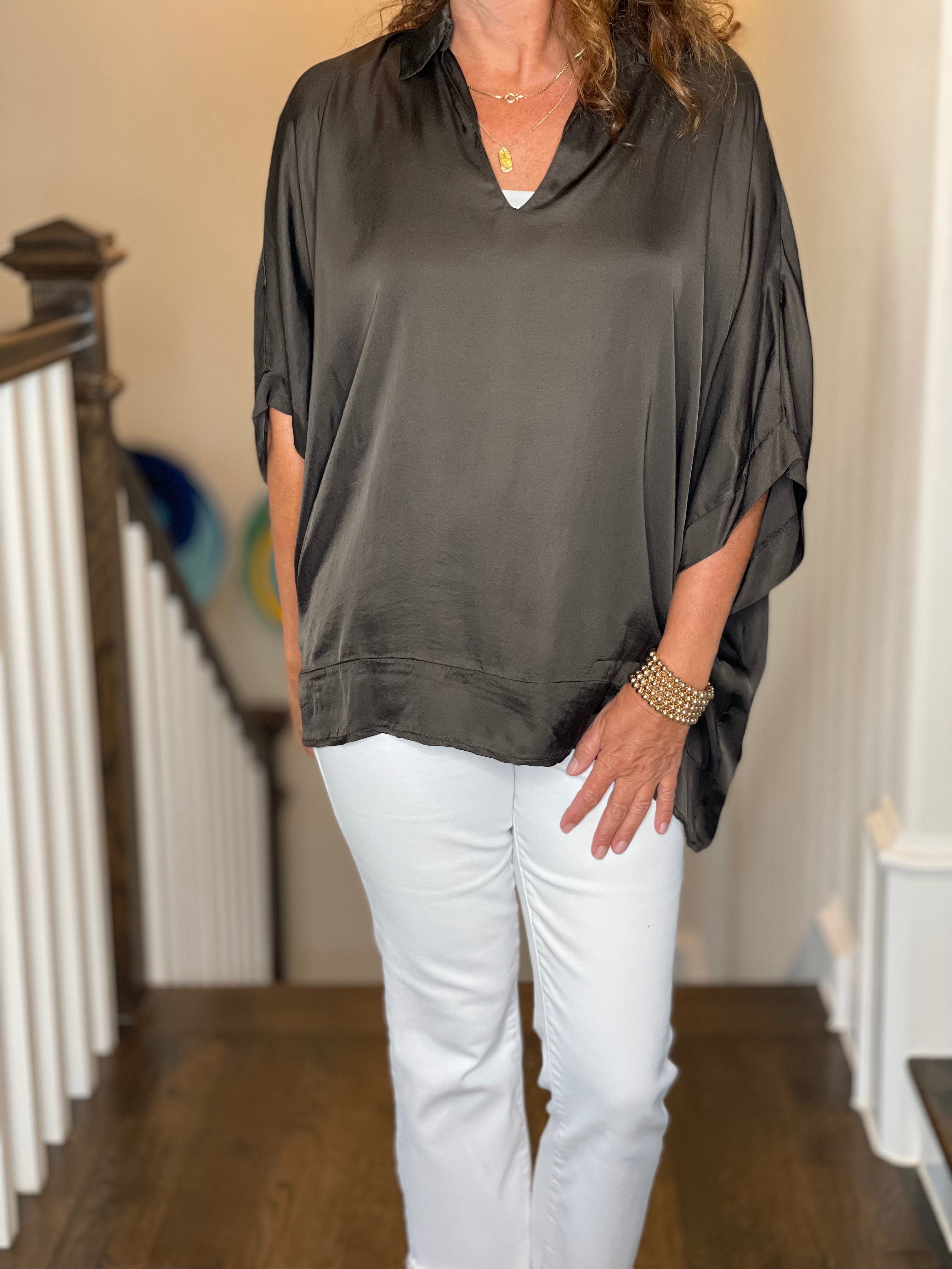 Sofia Brand Maria Silk Top in Chocolate.