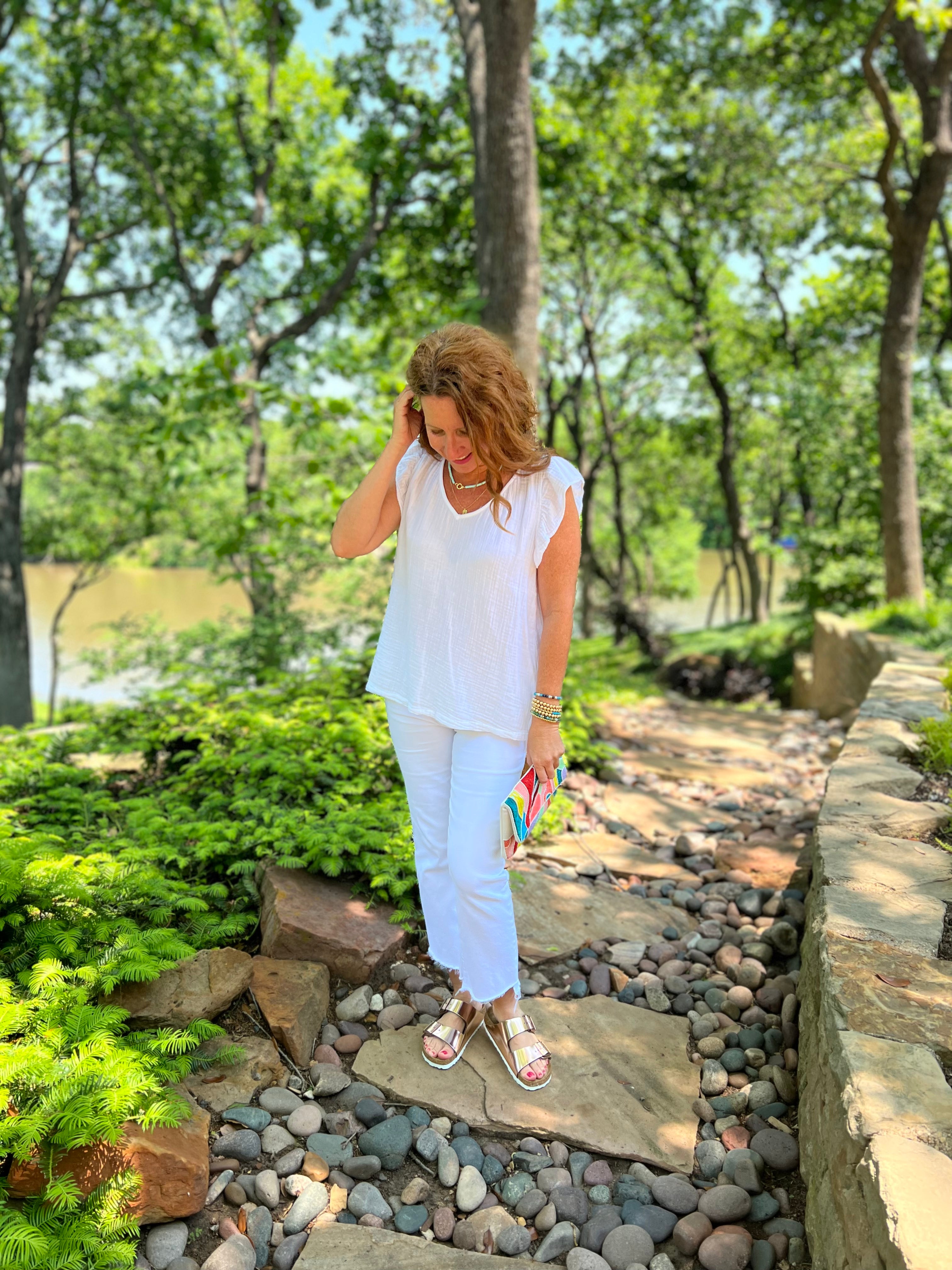 Dylan Gauze Ruffle V-Neck in White.