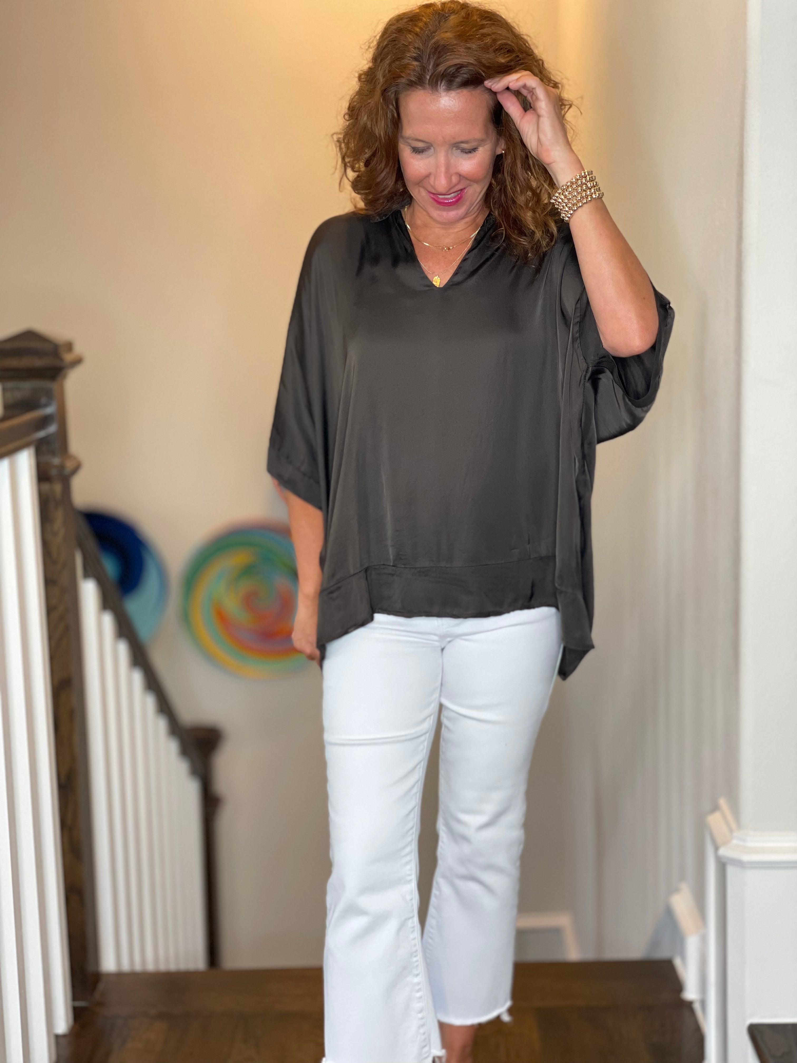 Sofia Brand Maria Silk Top in Chocolate.