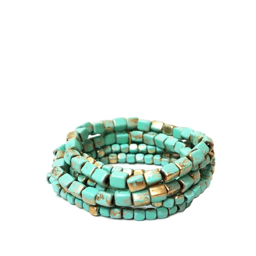 Coated Metal Stretch Bracelet in Turquoise/Gold.