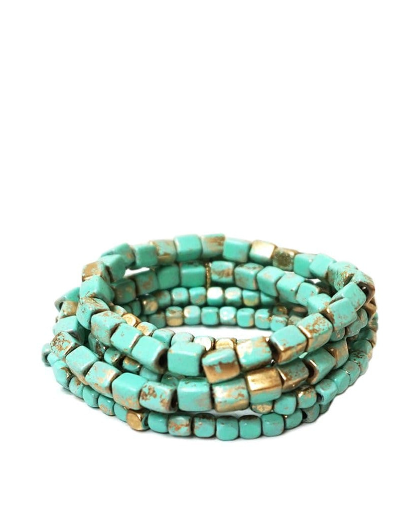 Coated Metal Stretch Bracelet in Turquoise/Gold.