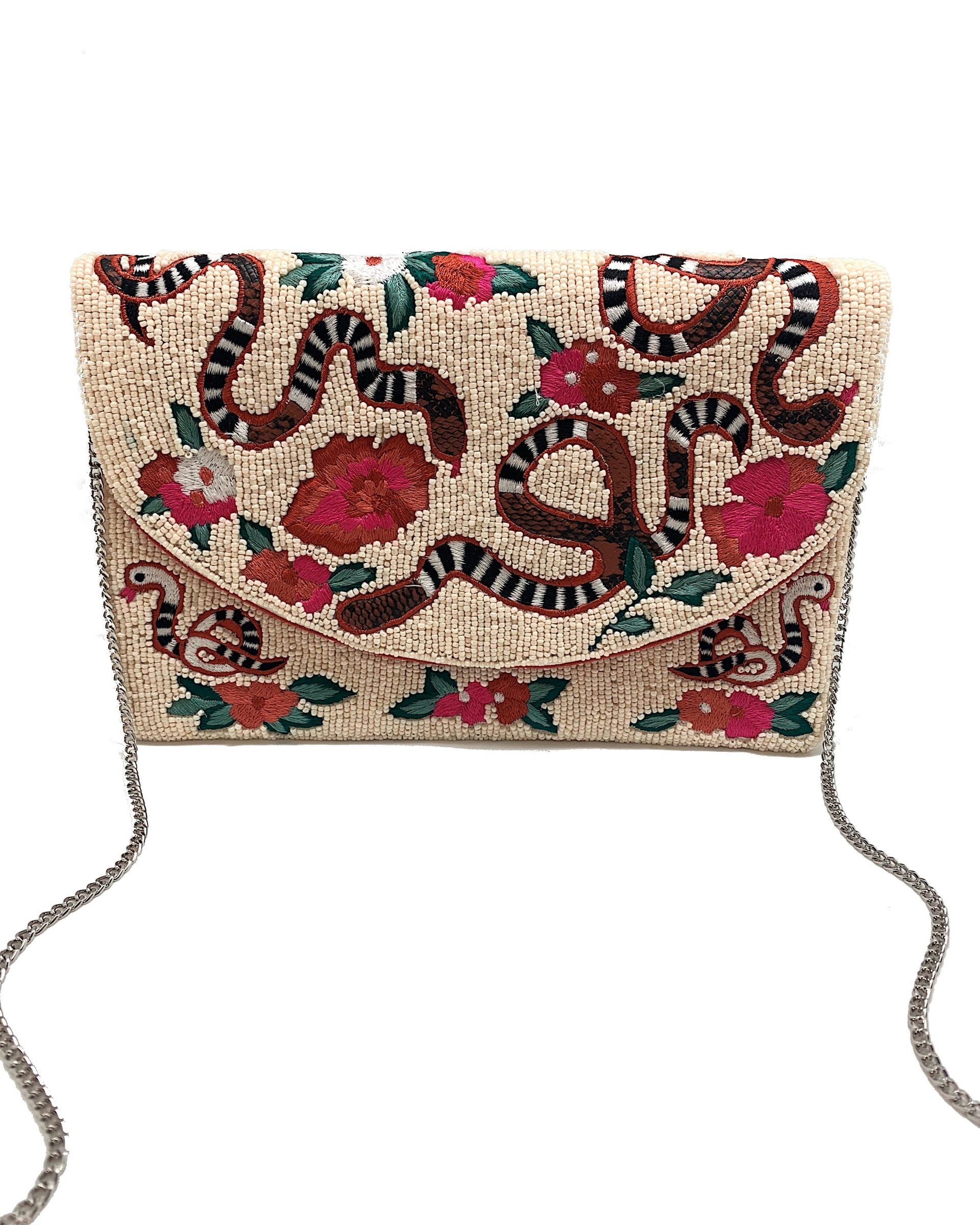 Snake Embroidered & Beaded Clutch.