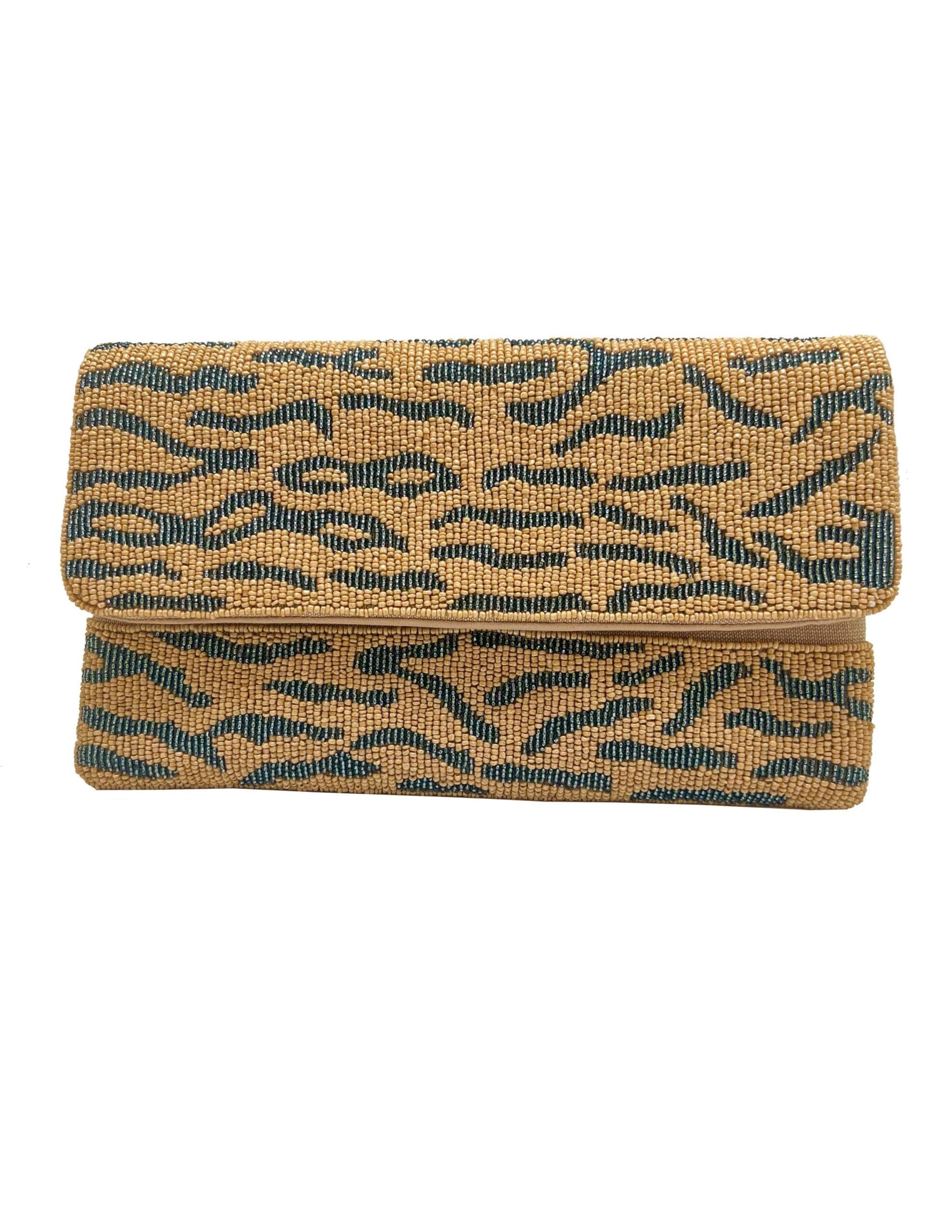 Neutral Animal Print Beaded Clutch.
