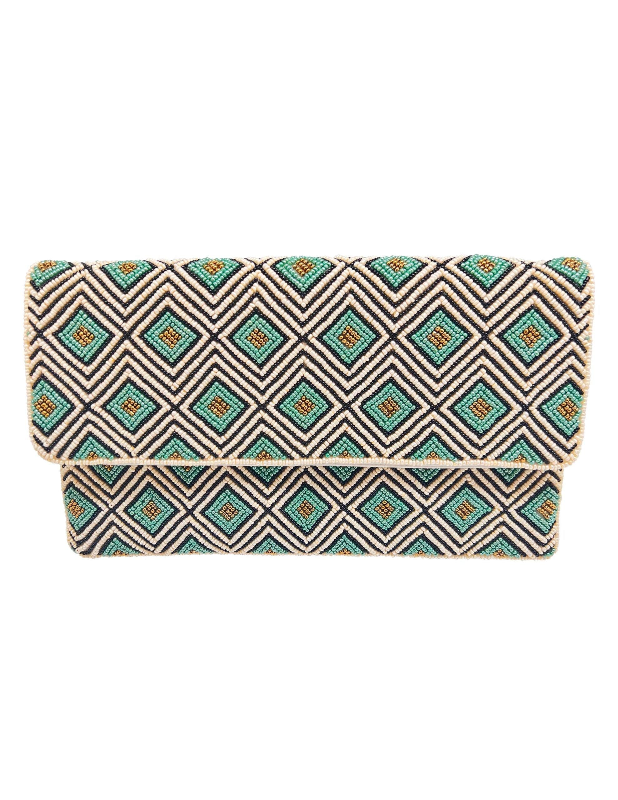 Turquoise & Cream Diamond Beaded Clutch.