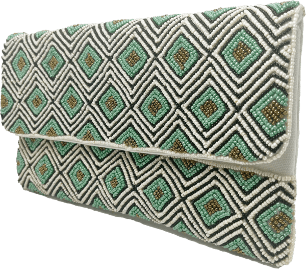 Turquoise & Cream Diamond Beaded Clutch.
