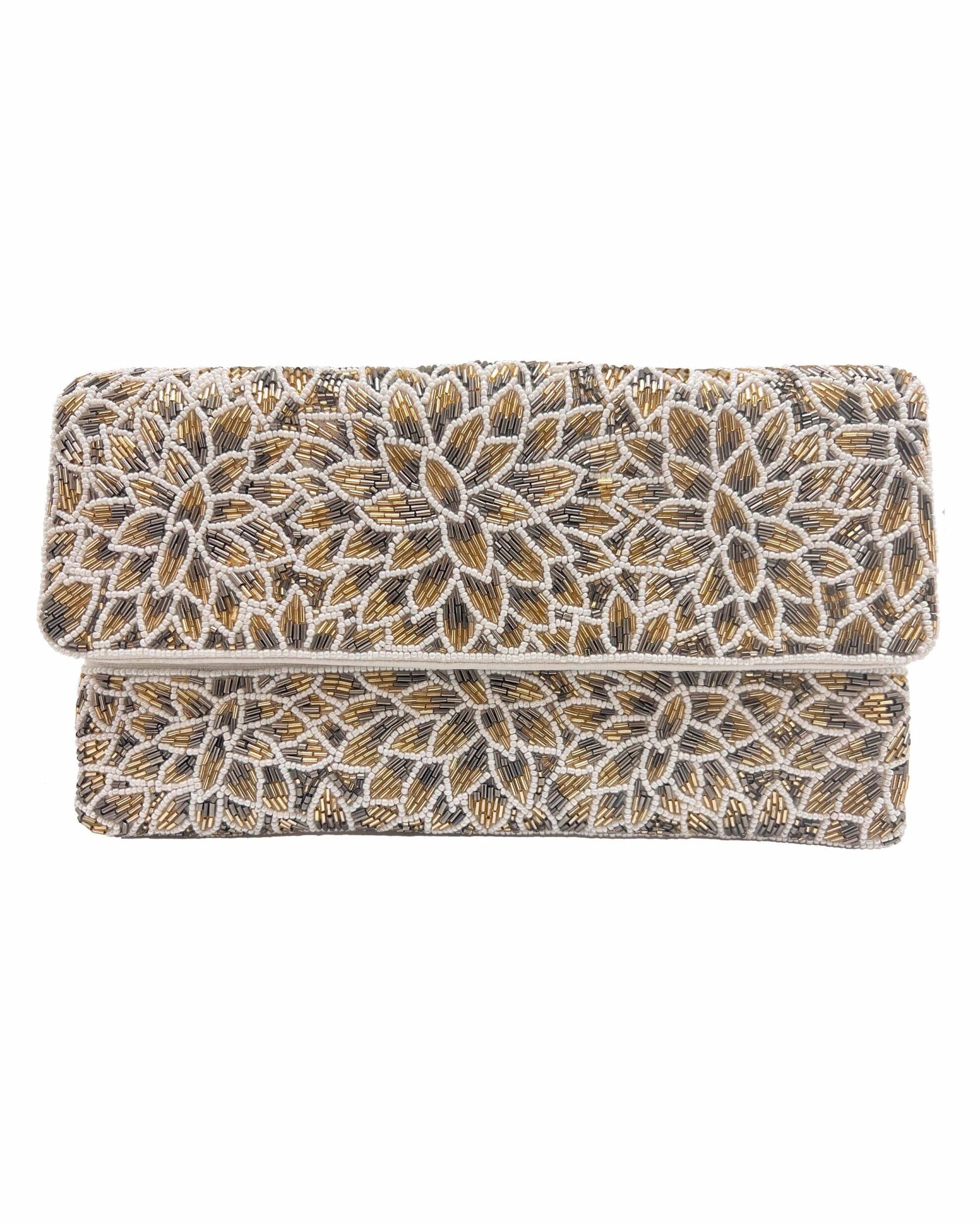 Silver & Gold Flowers Beaded Clutch.