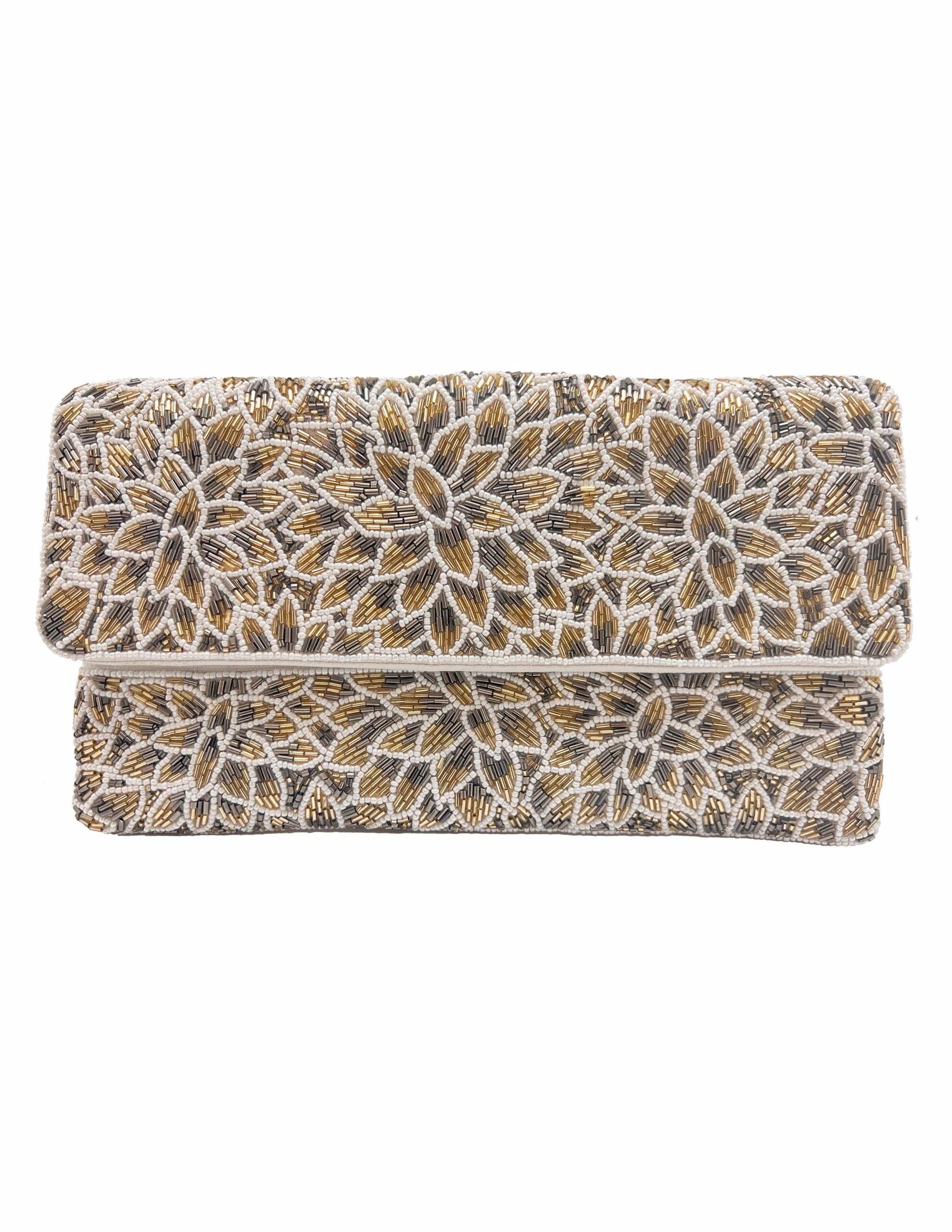 Silver & Gold Flowers Beaded Clutch.