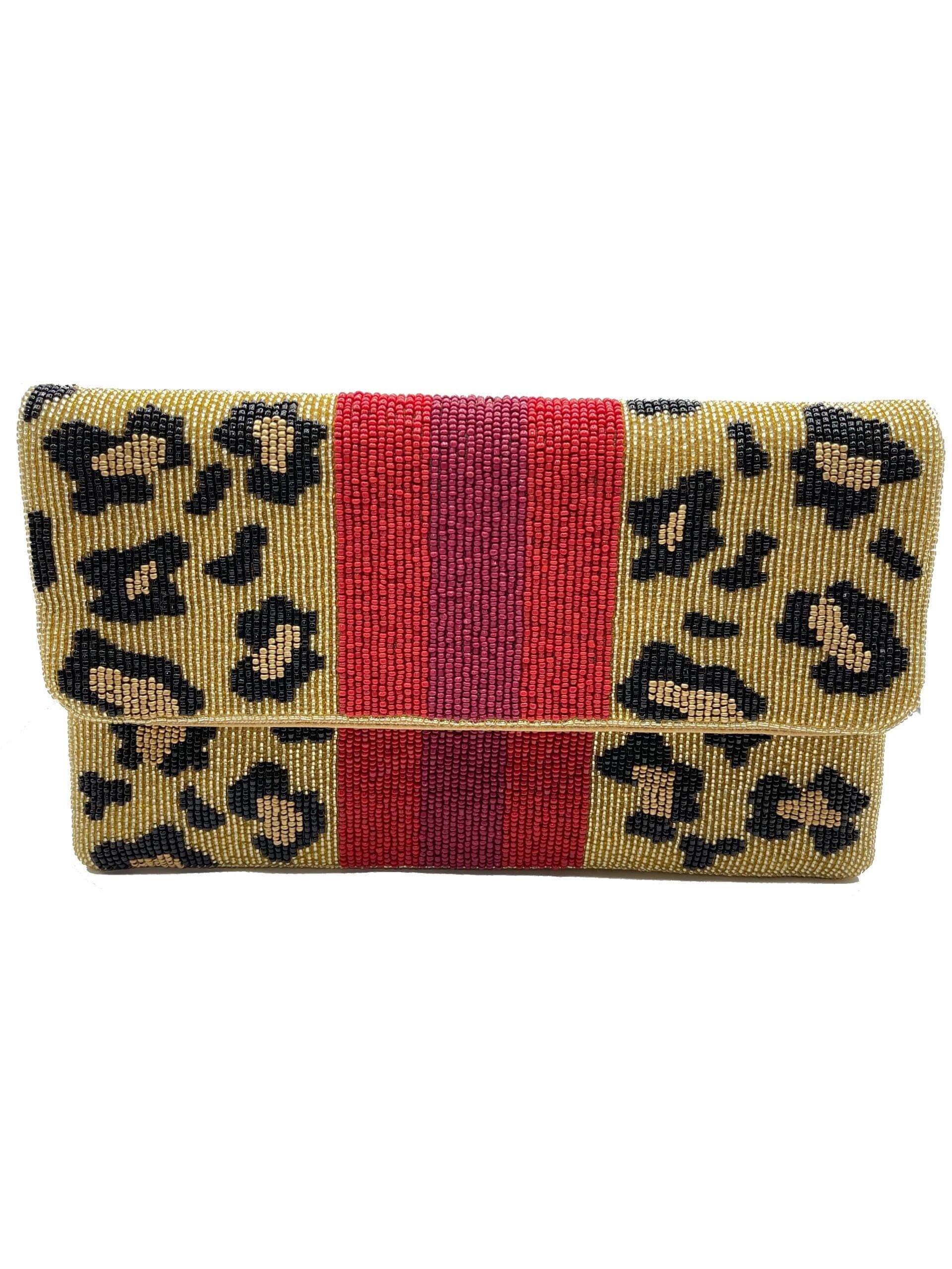 Animal Print & Stripe Beaded Clutch.