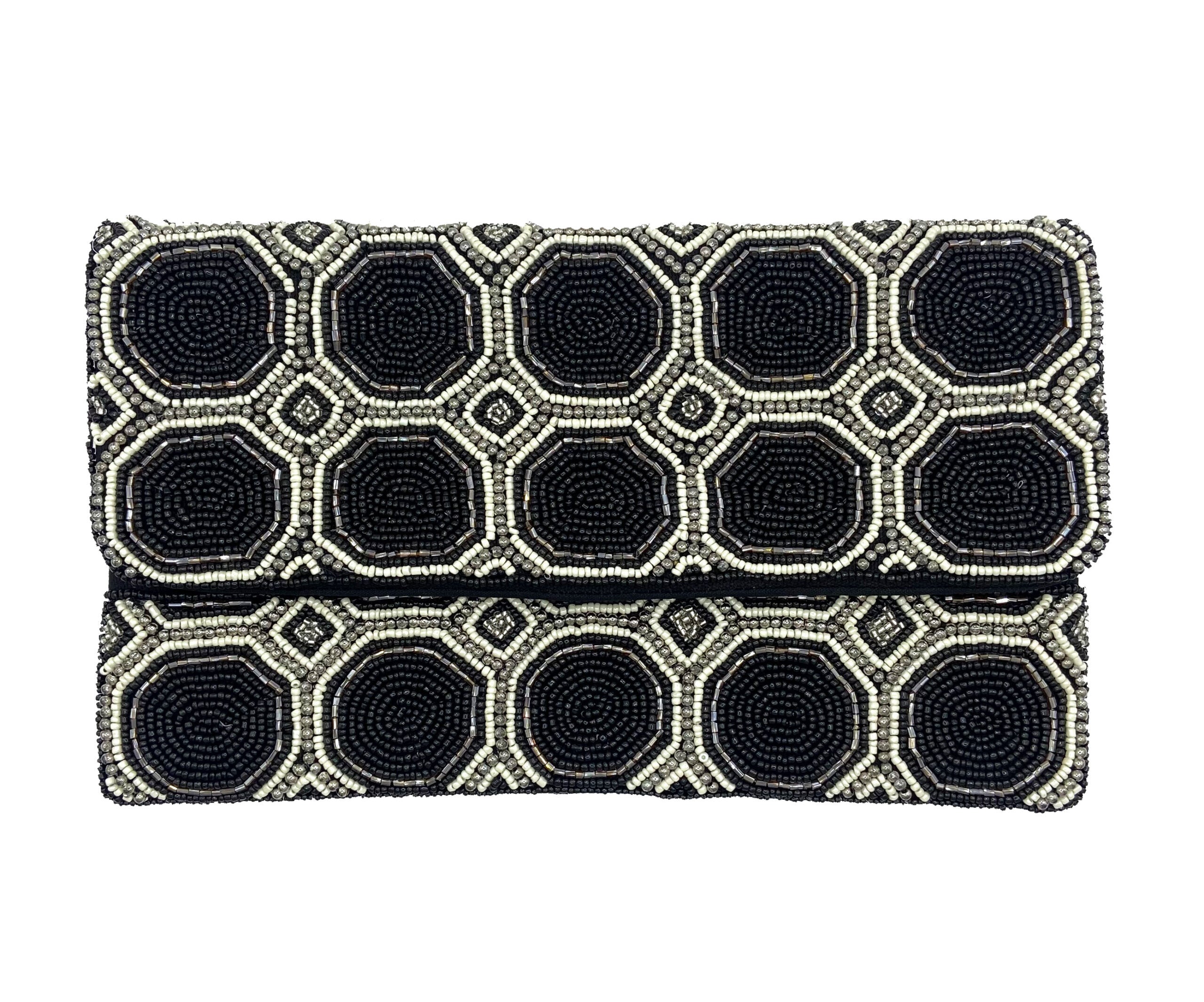 Black & Cream Octagon Beaded Clutch.