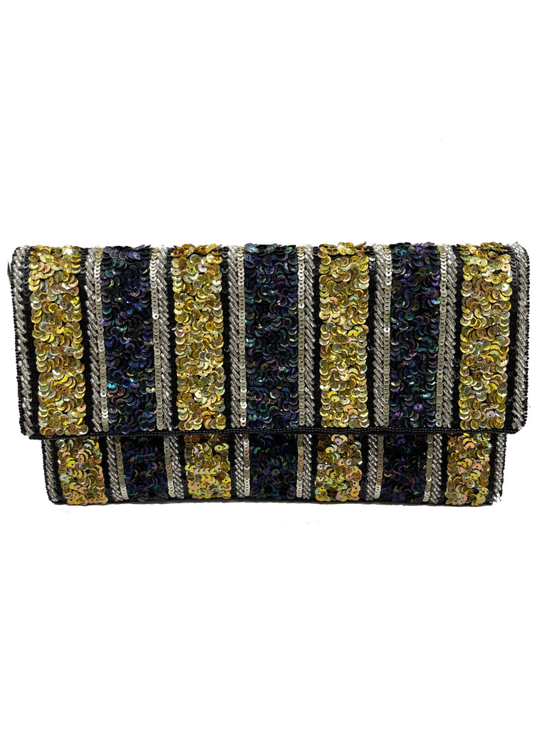 Black, Gold & Silver Stripes Beaded Clutch.