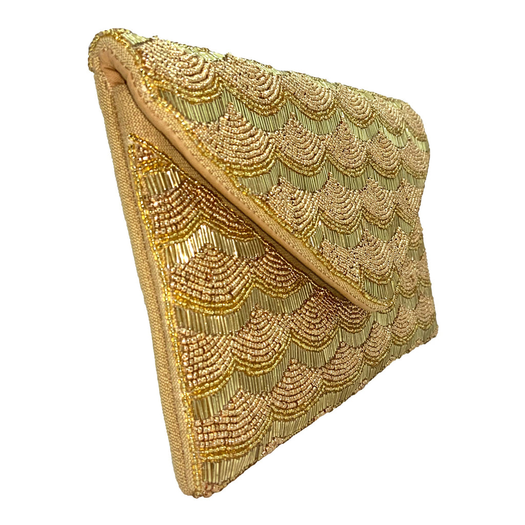 Gold Scallop Beaded Clutch.