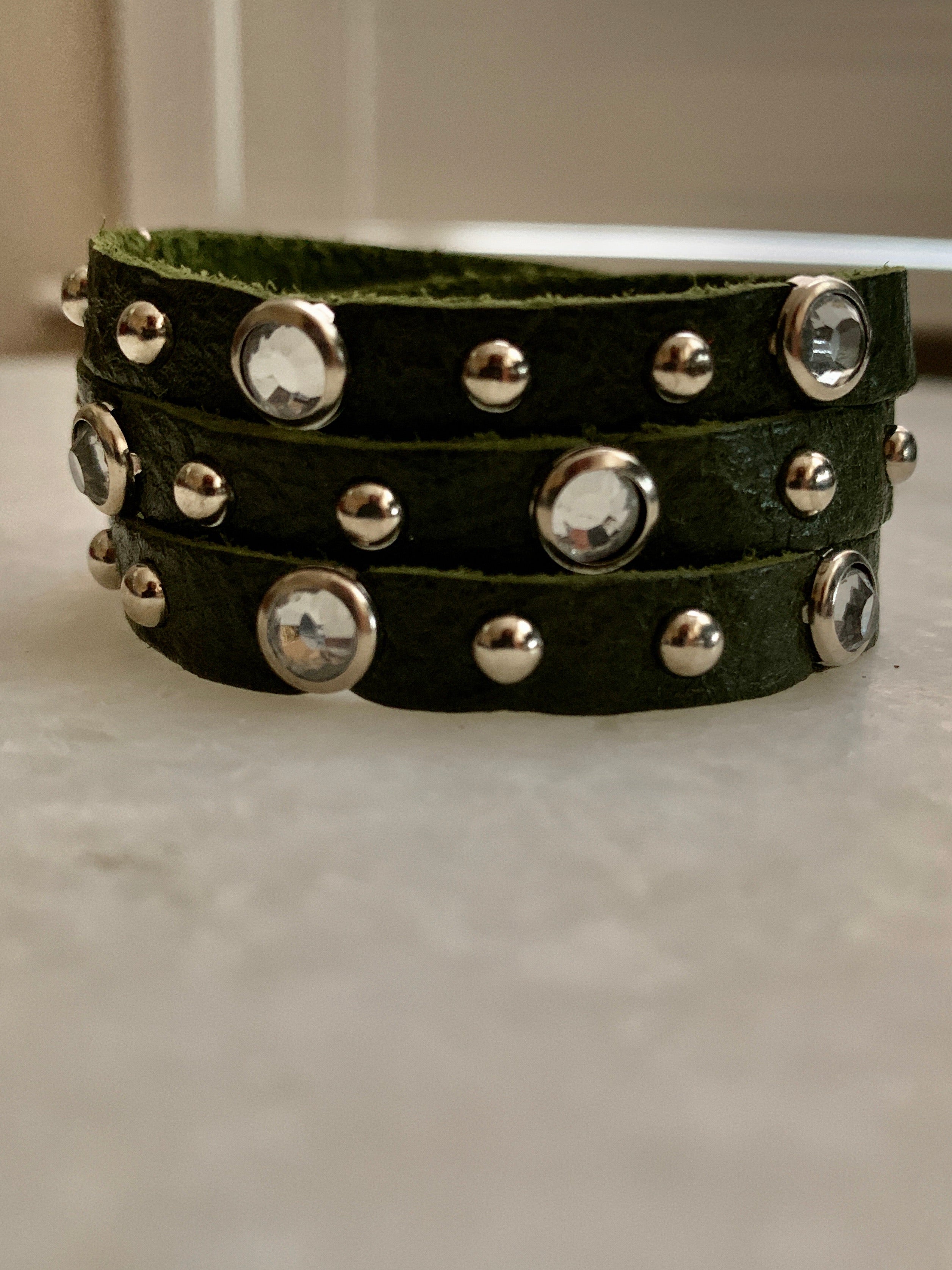 Green Cz Studded Leather Bracelet.