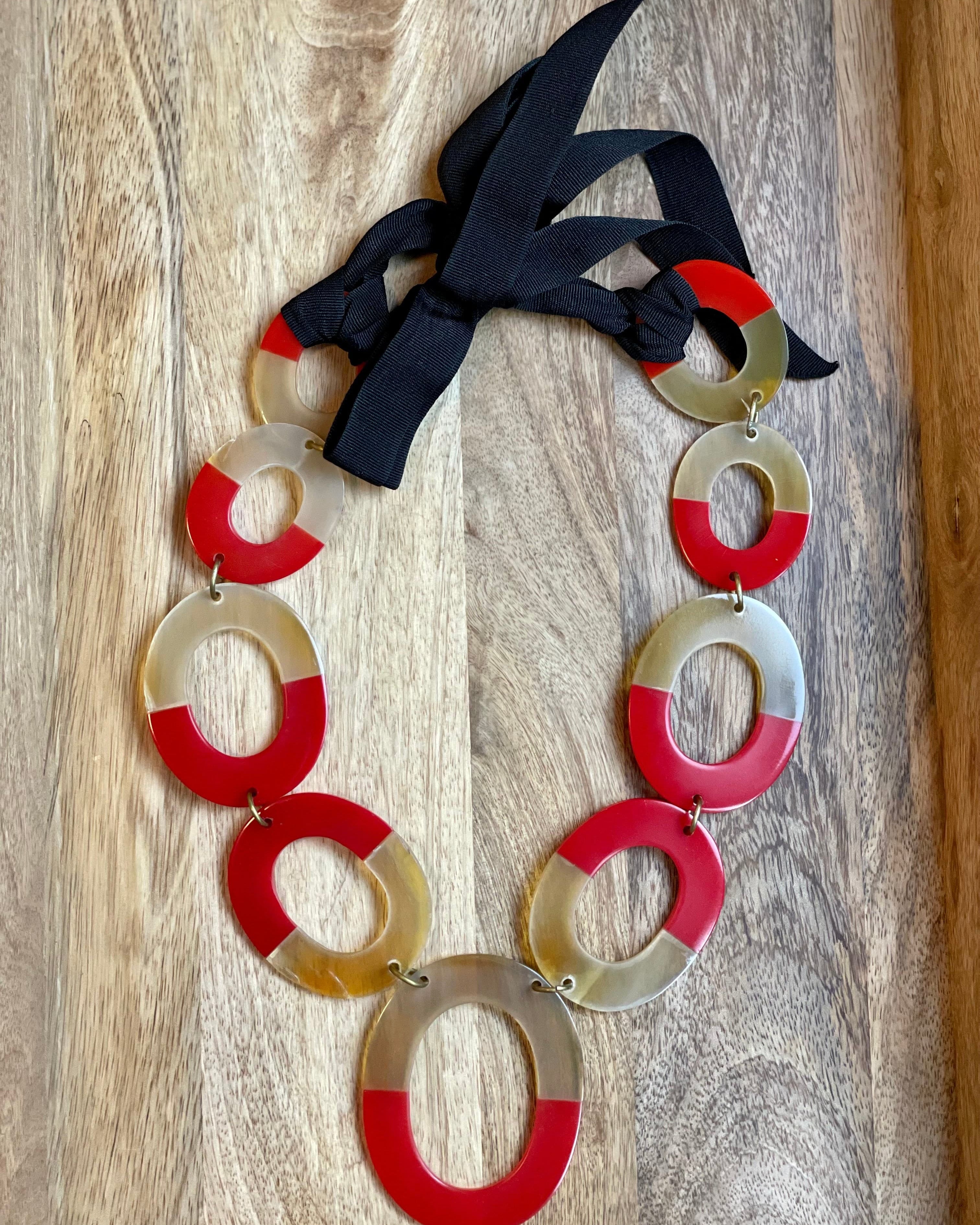 Red Lacquer & Natural Water Buffalo Horn Necklace with Ribbon.
