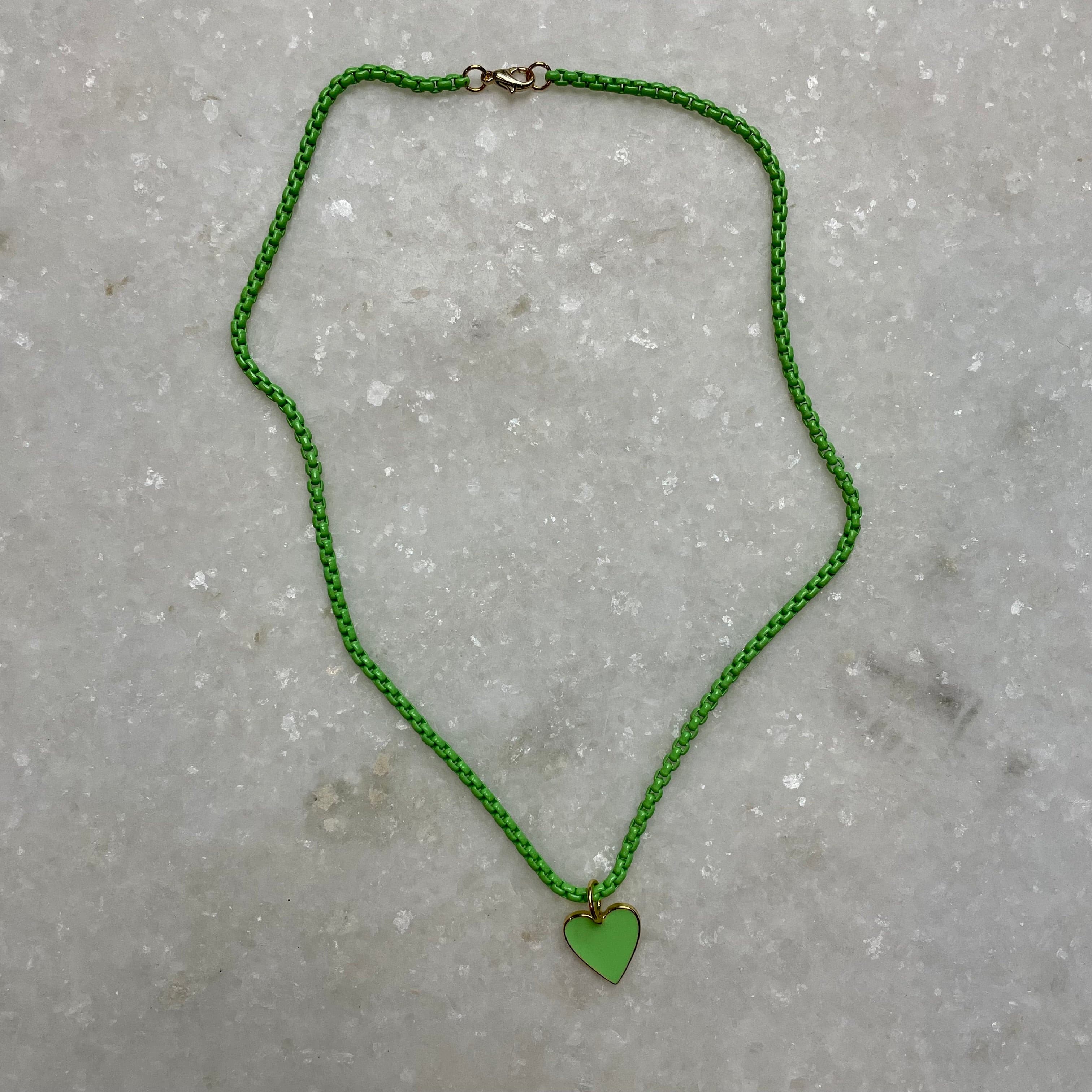 Green Enamel Necklace w/Heart Charm.