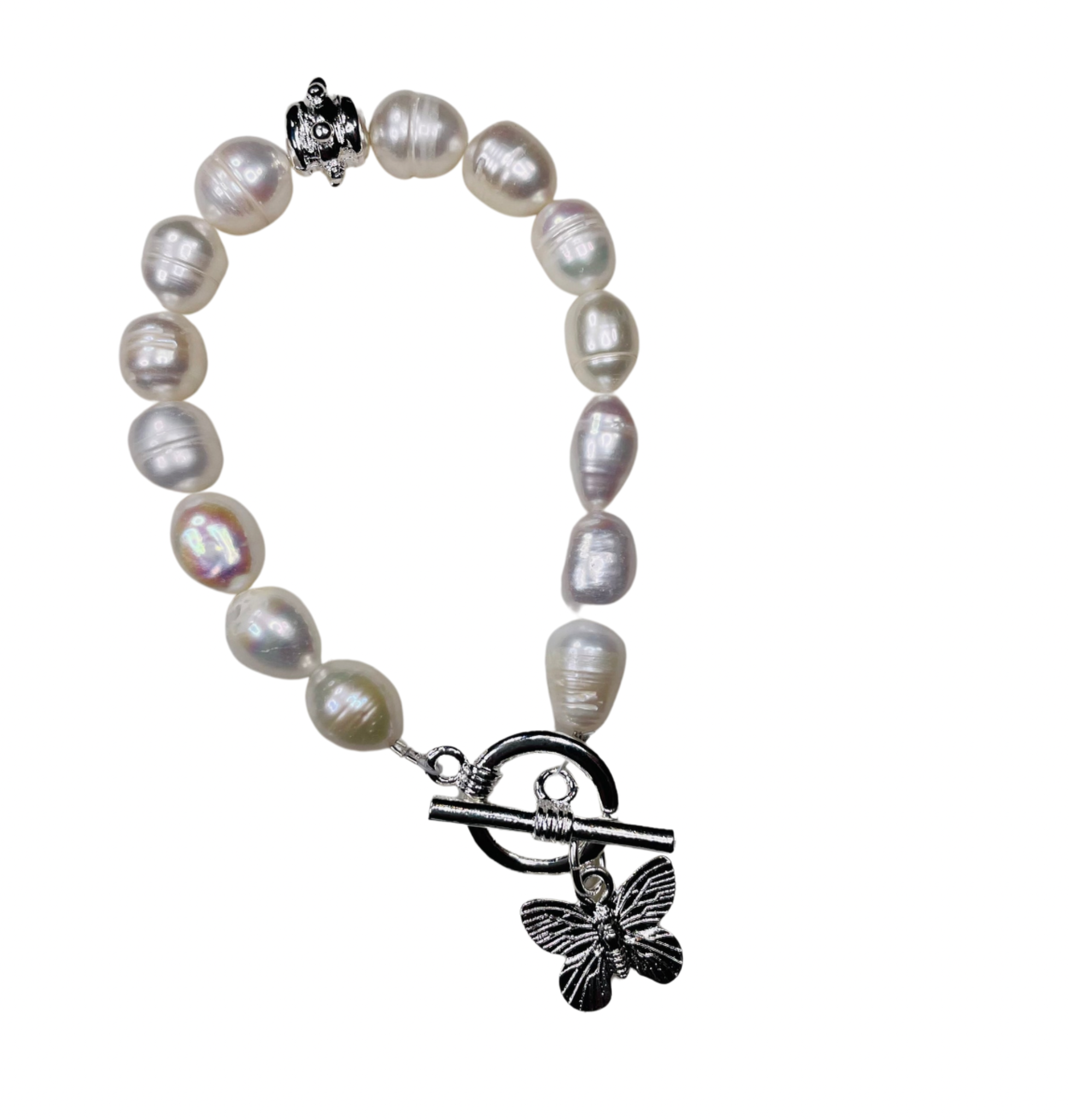 Susan Shaw Pearl Bracelet w/Butterfly Charm in Silver.