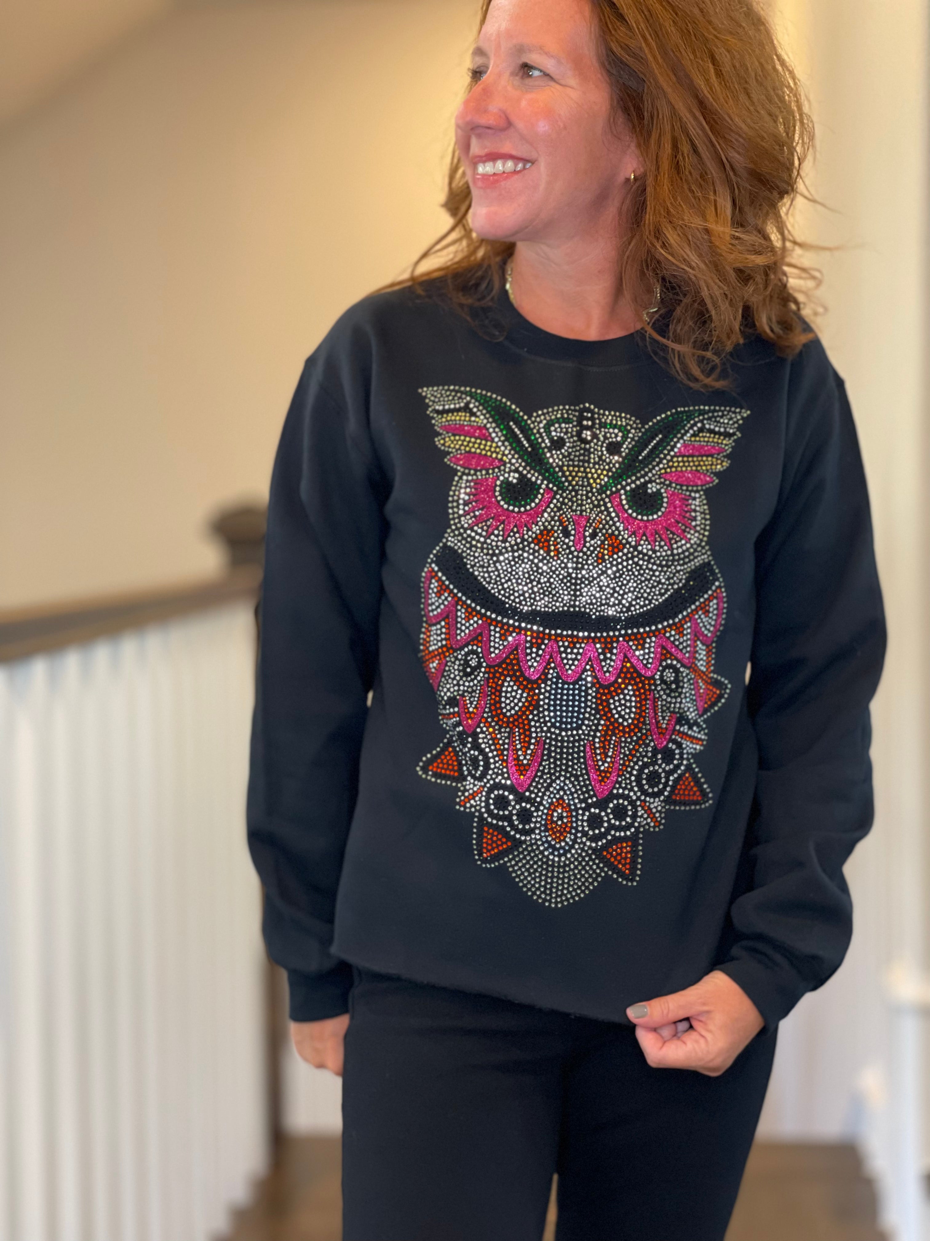 Rhinestone Owl Sweatshirt in Black.