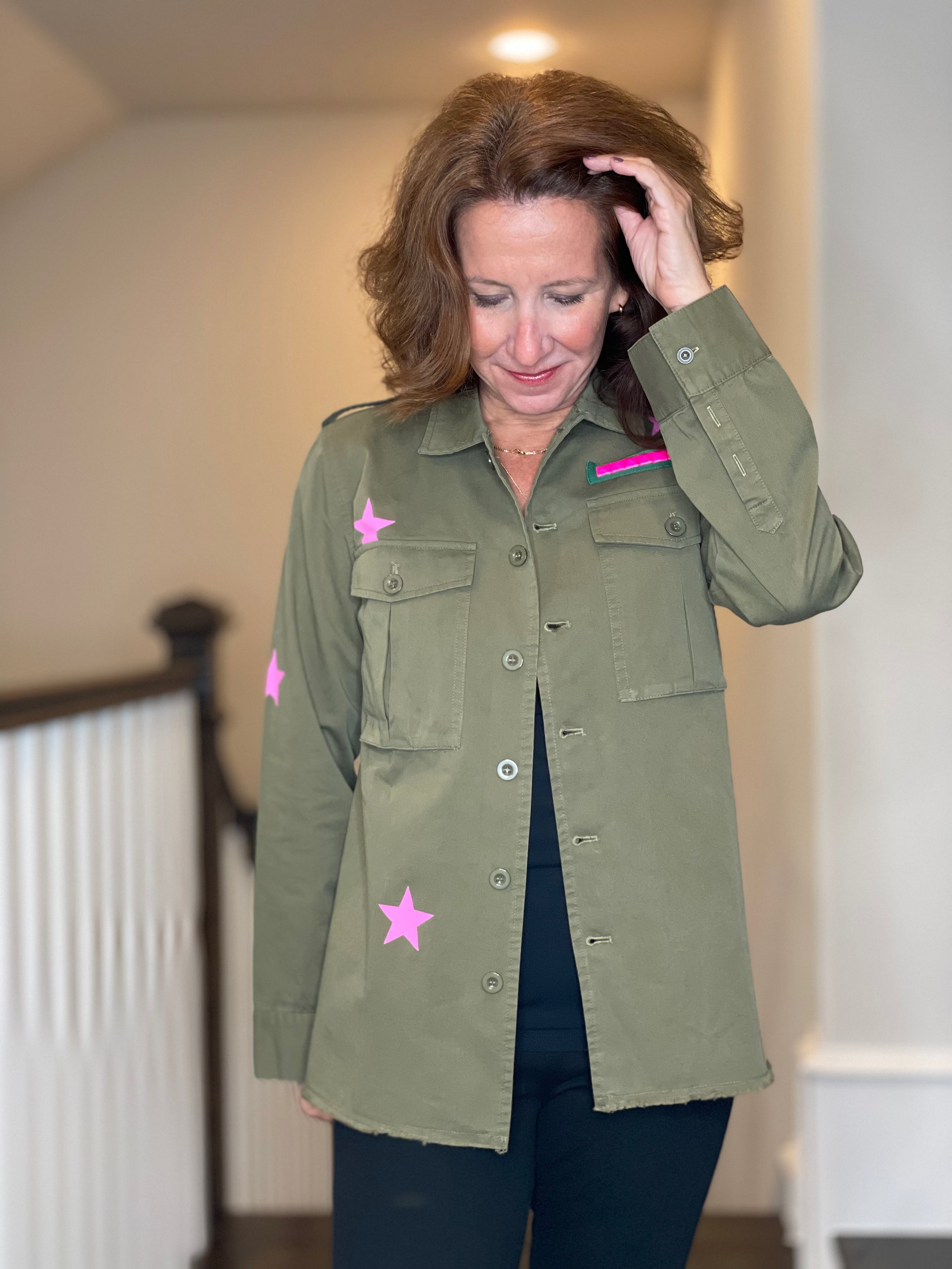 Army Shacket w/Rhinestone Peace Sign.