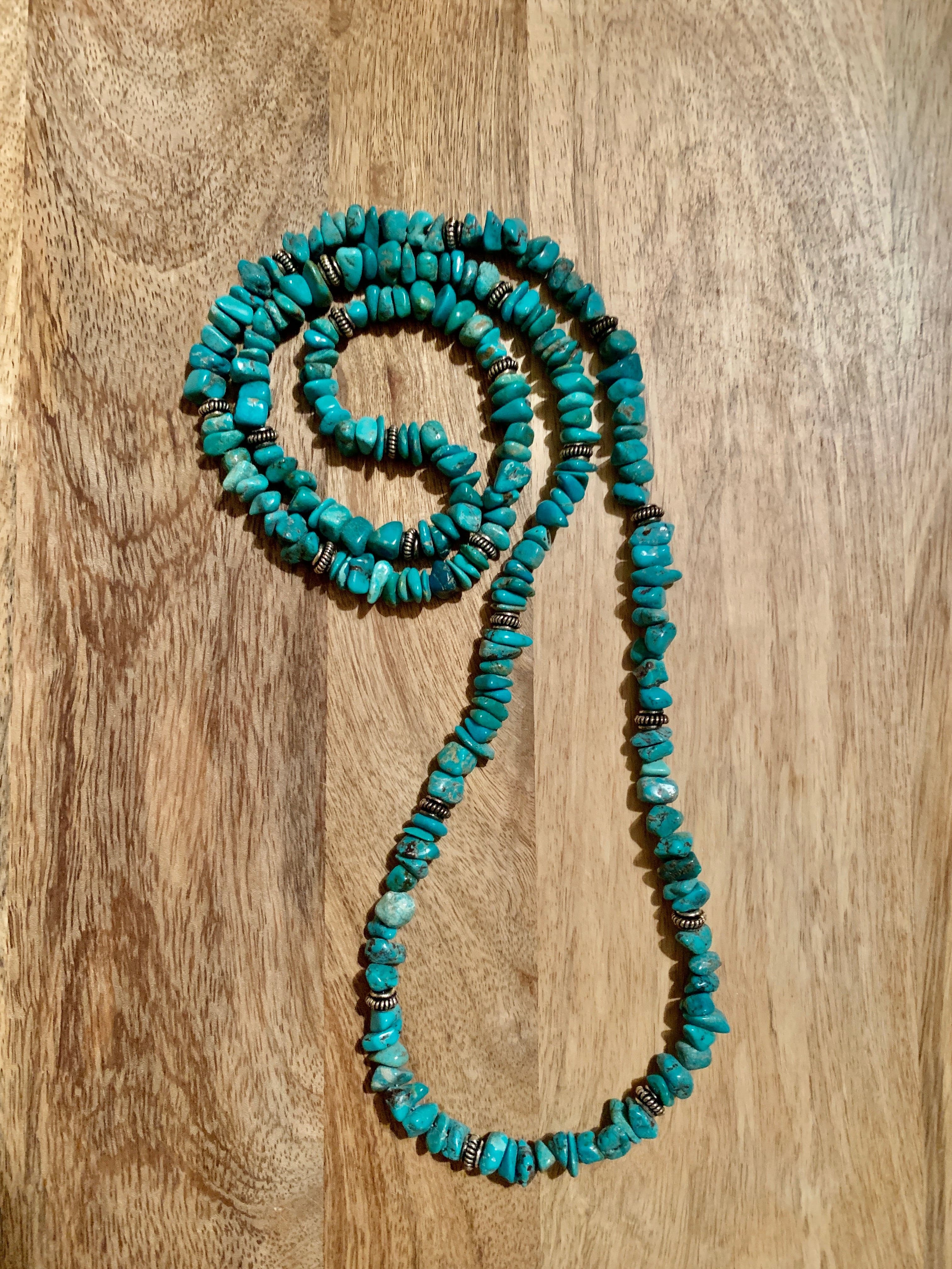 Genuine Turquoise & Sterling Silver Long Beaded Necklace.