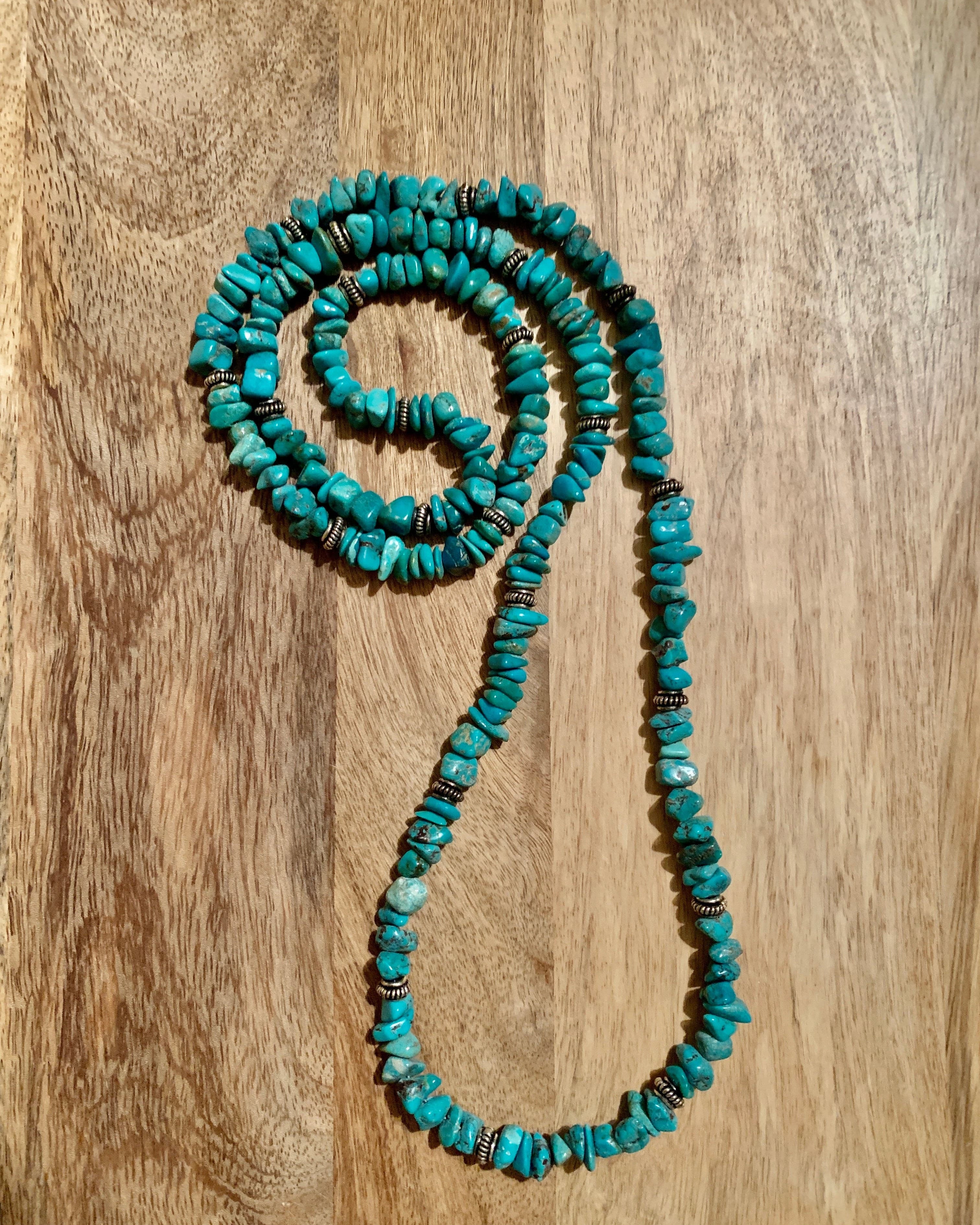 Genuine Turquoise & Sterling Silver Long Beaded Necklace.