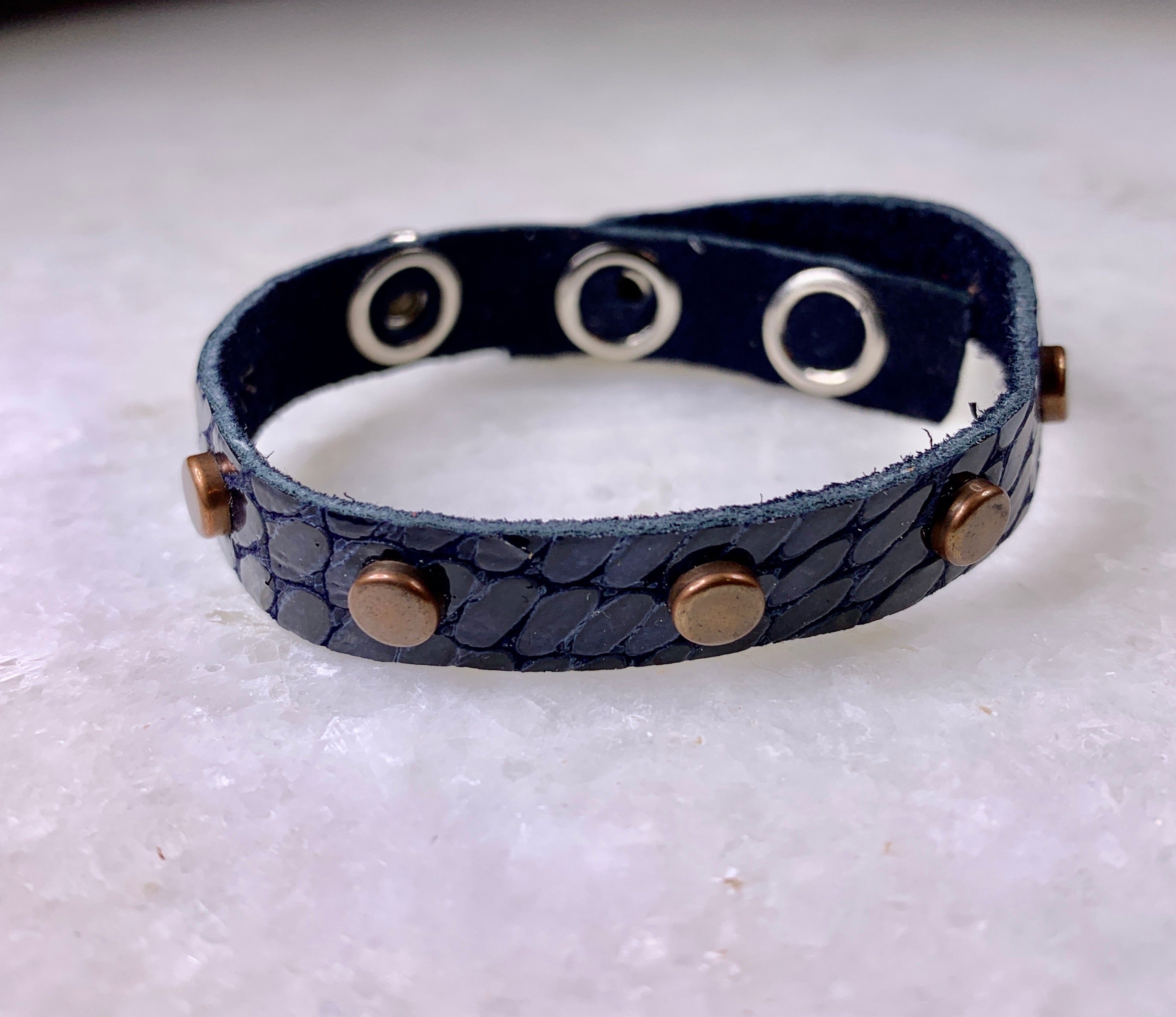Blue Leather Bracelet w/Copper Studs.