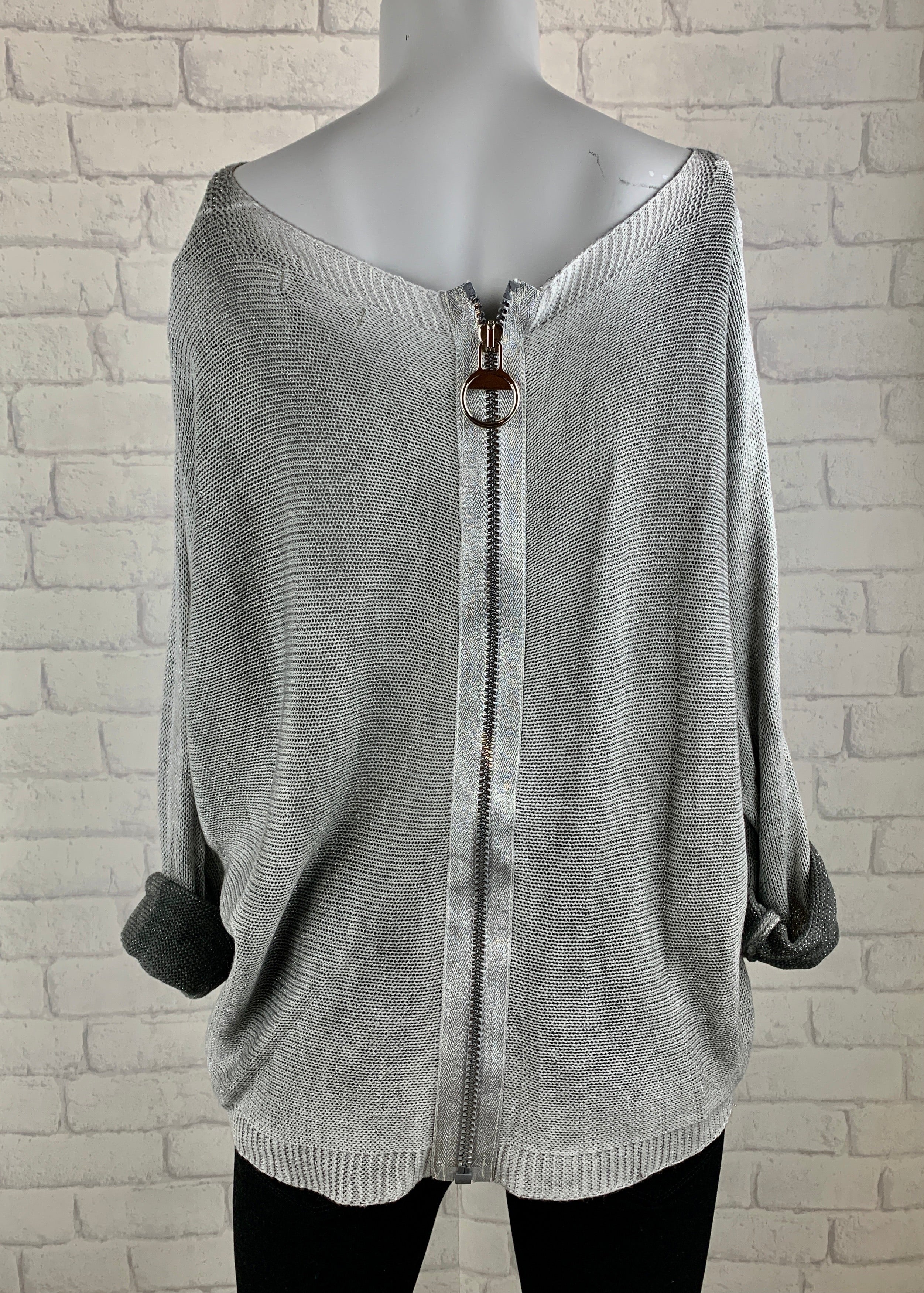 Metallic Gray Sweater w/ Zipper Back.
