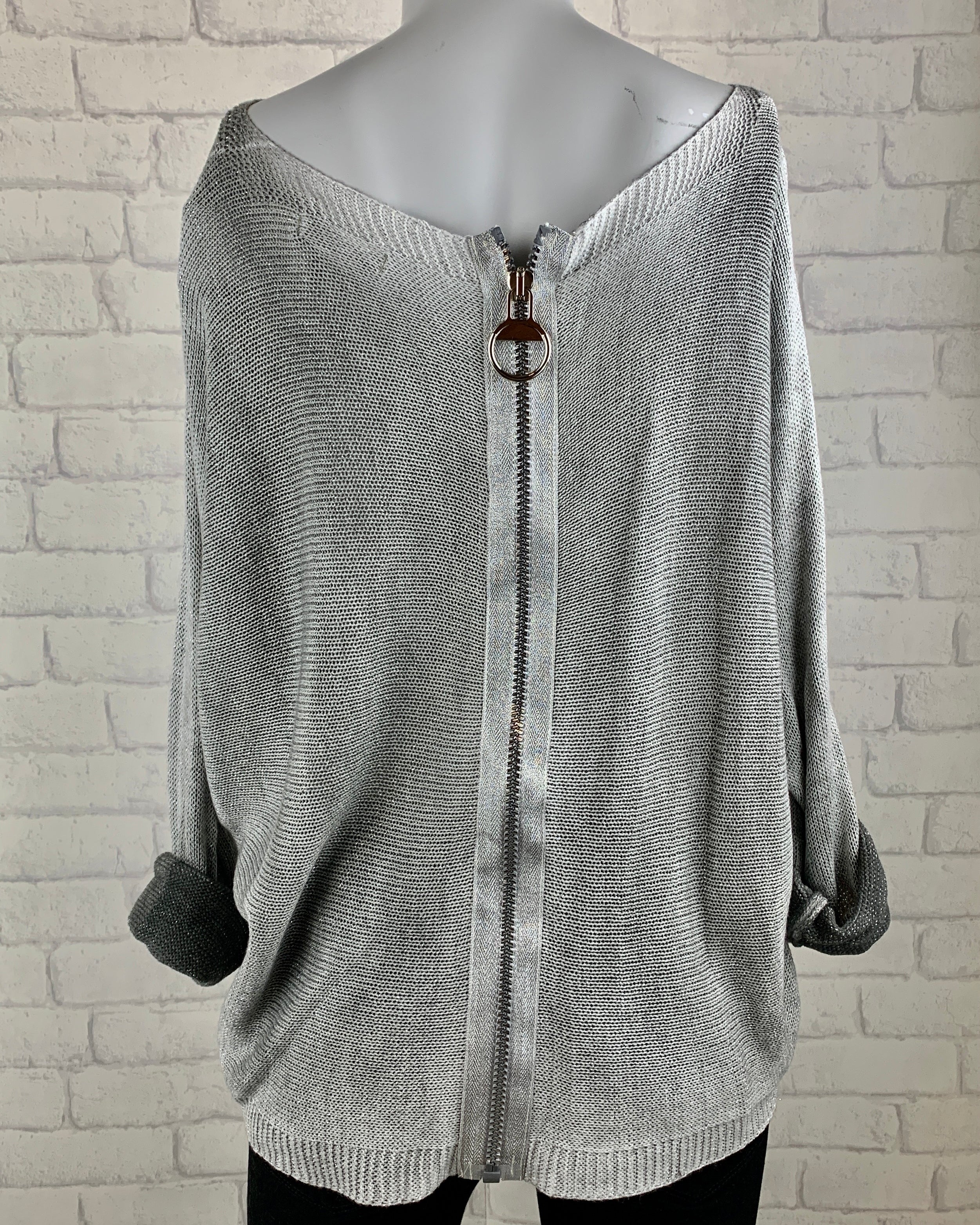 Metallic Gray Sweater w/ Zipper Back.