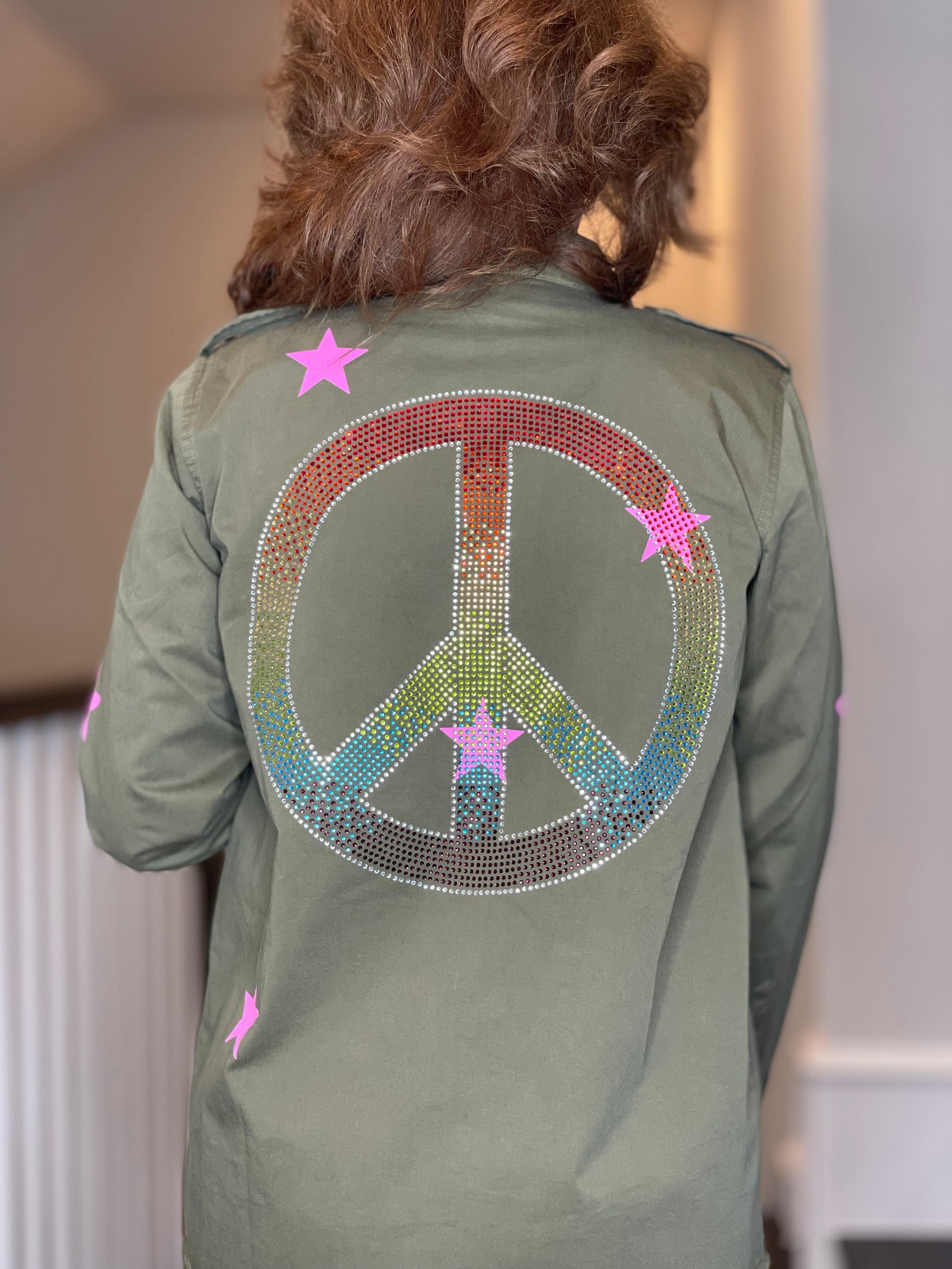 Army Shacket w/Rhinestone Peace Sign.
