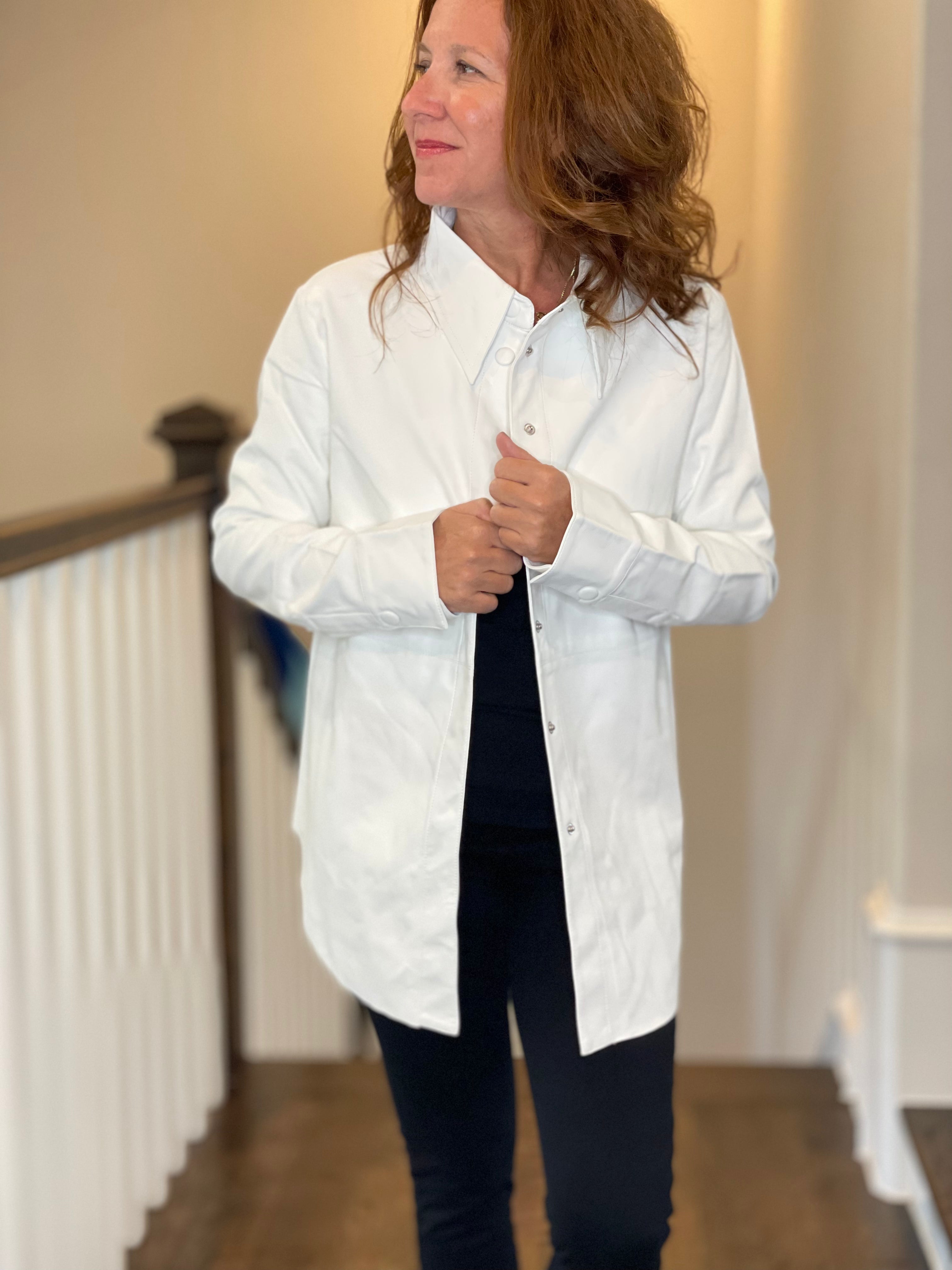 Vegan Leather Button Down Shirt in White.