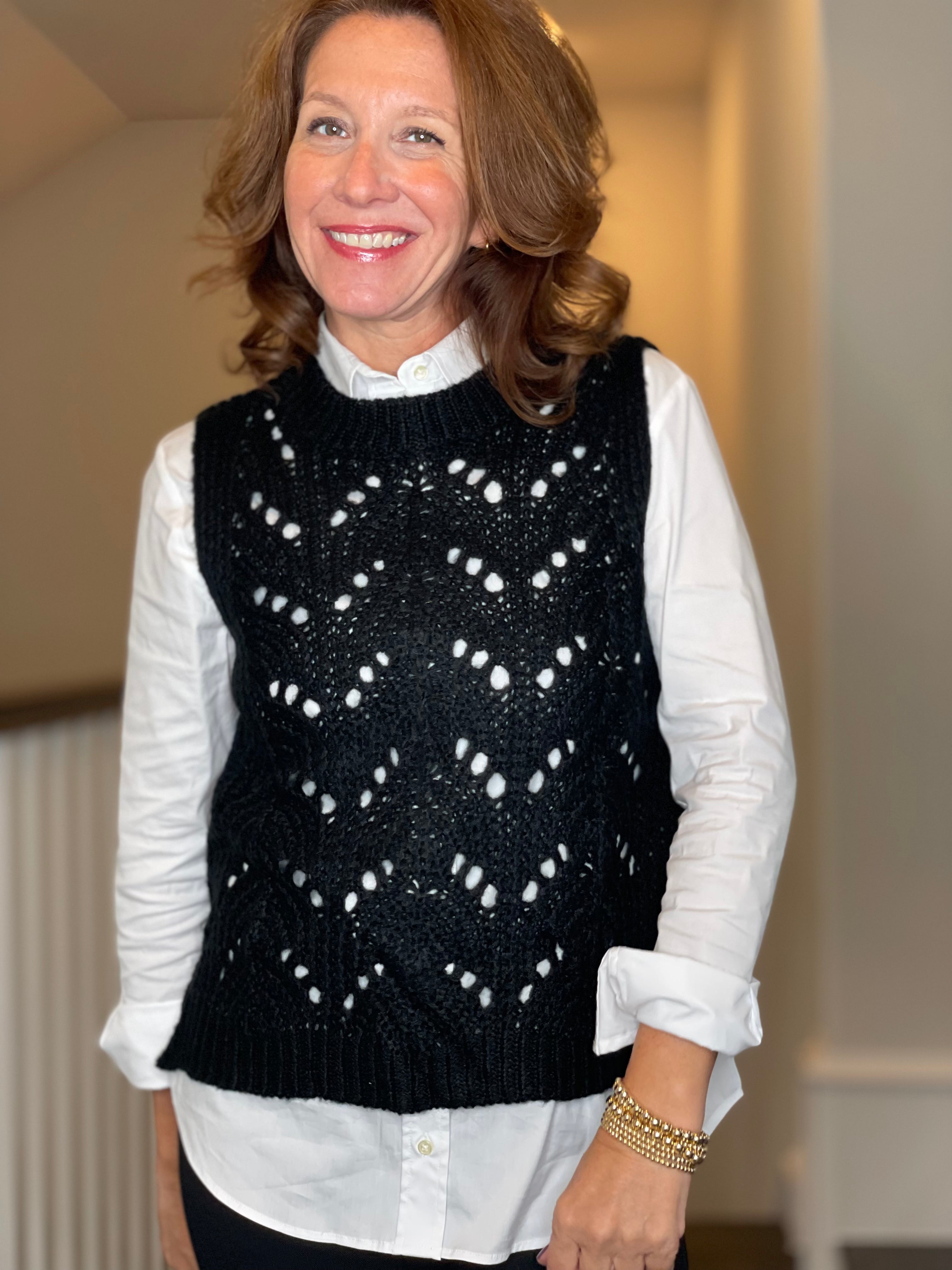 Molly Bracken Pointelle Crew Neck Vest in Black.