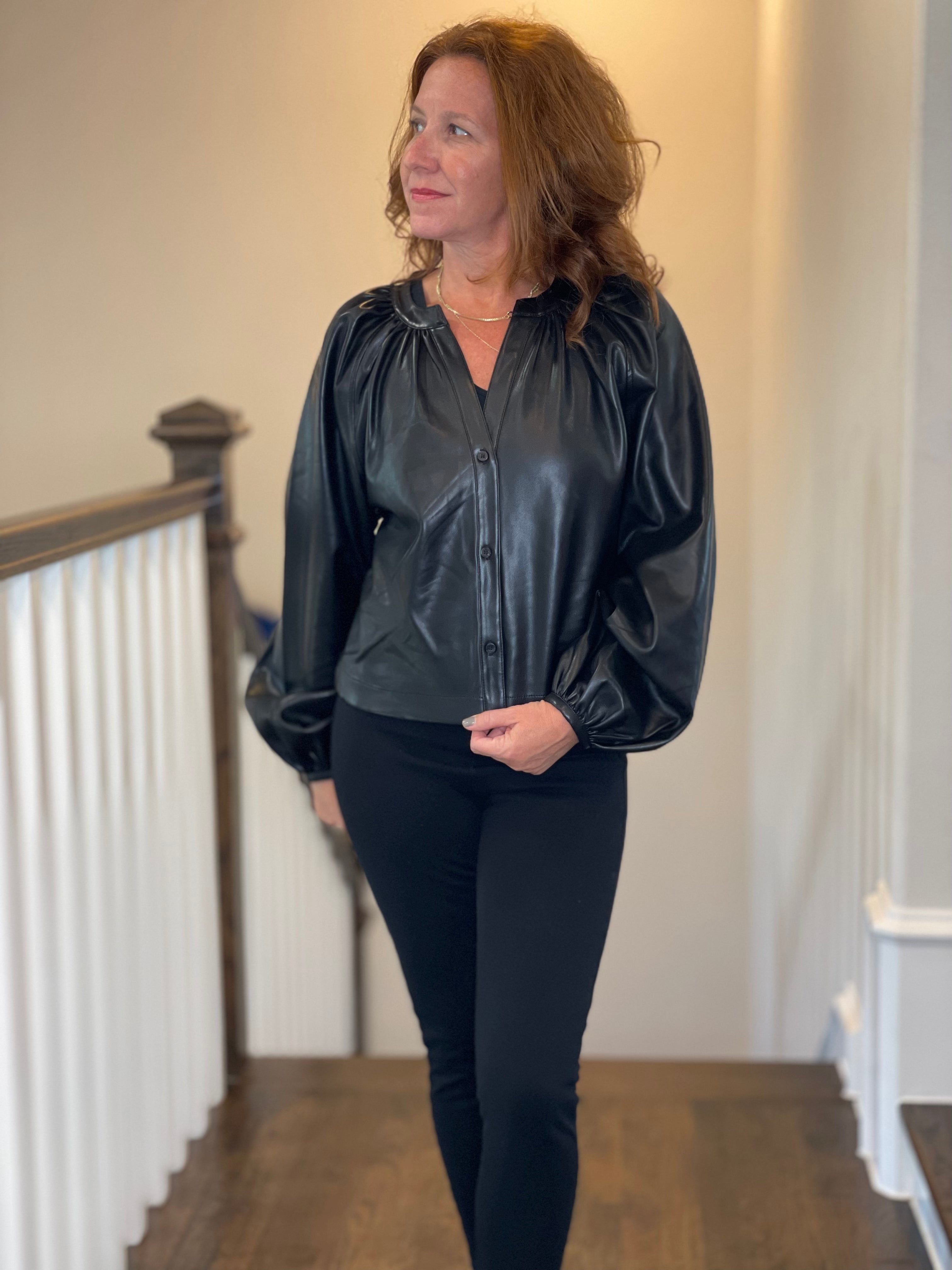 Vegan Leather Button Down Peasant Top in Black.