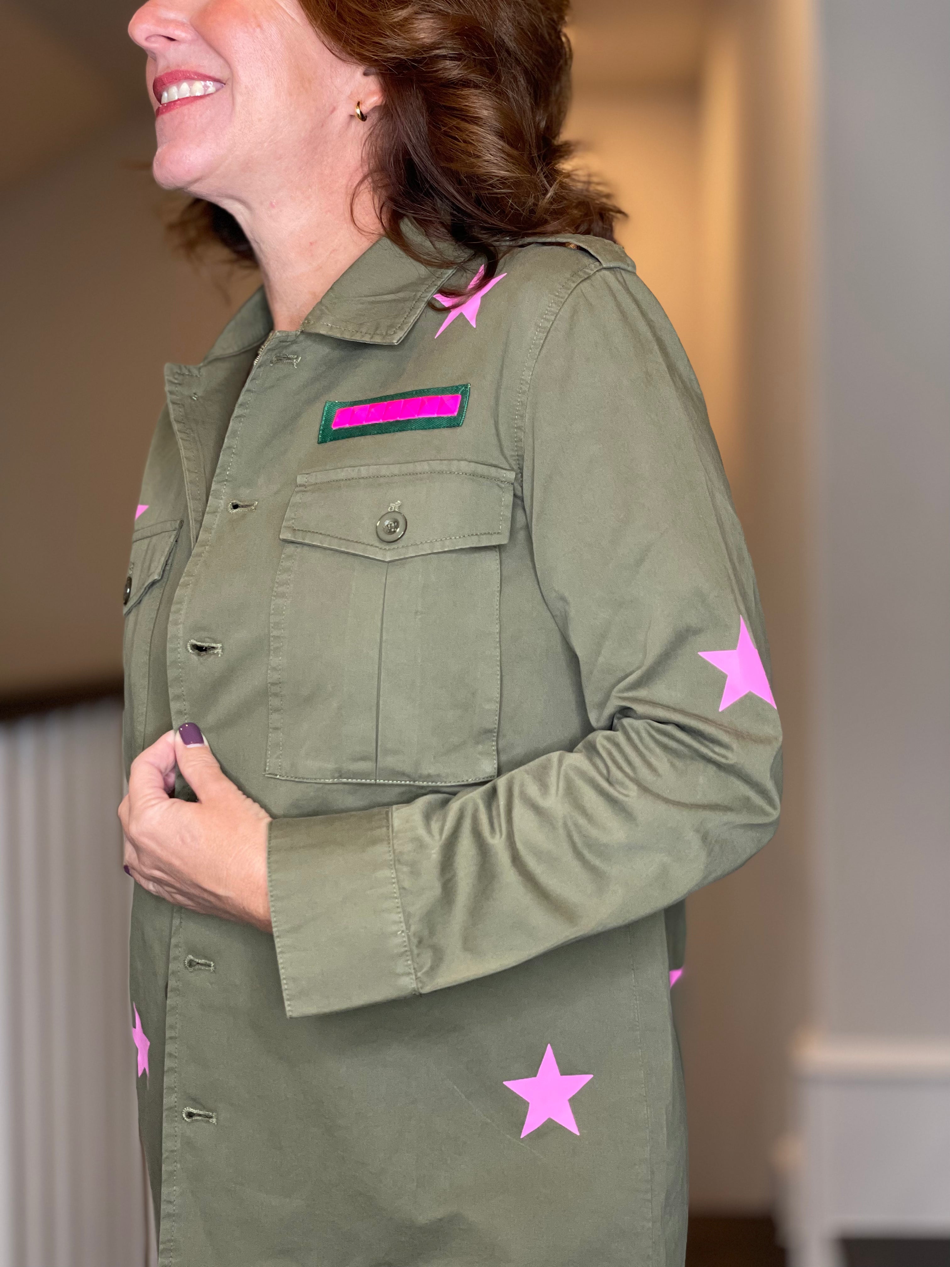 Army Shacket w/Rhinestone Peace Sign.