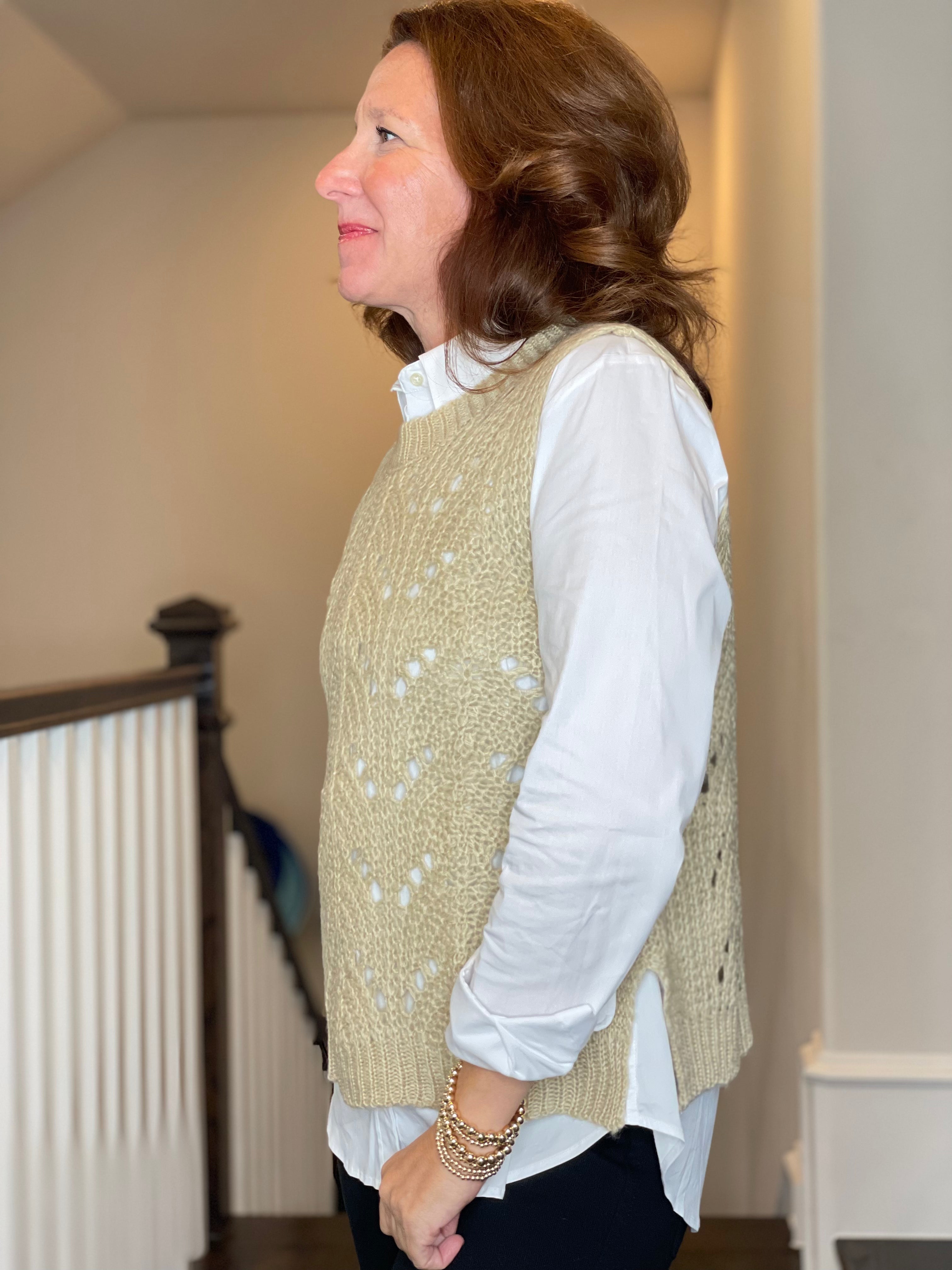 Molly Bracken Pointelle Crew Neck Vest in Beige.