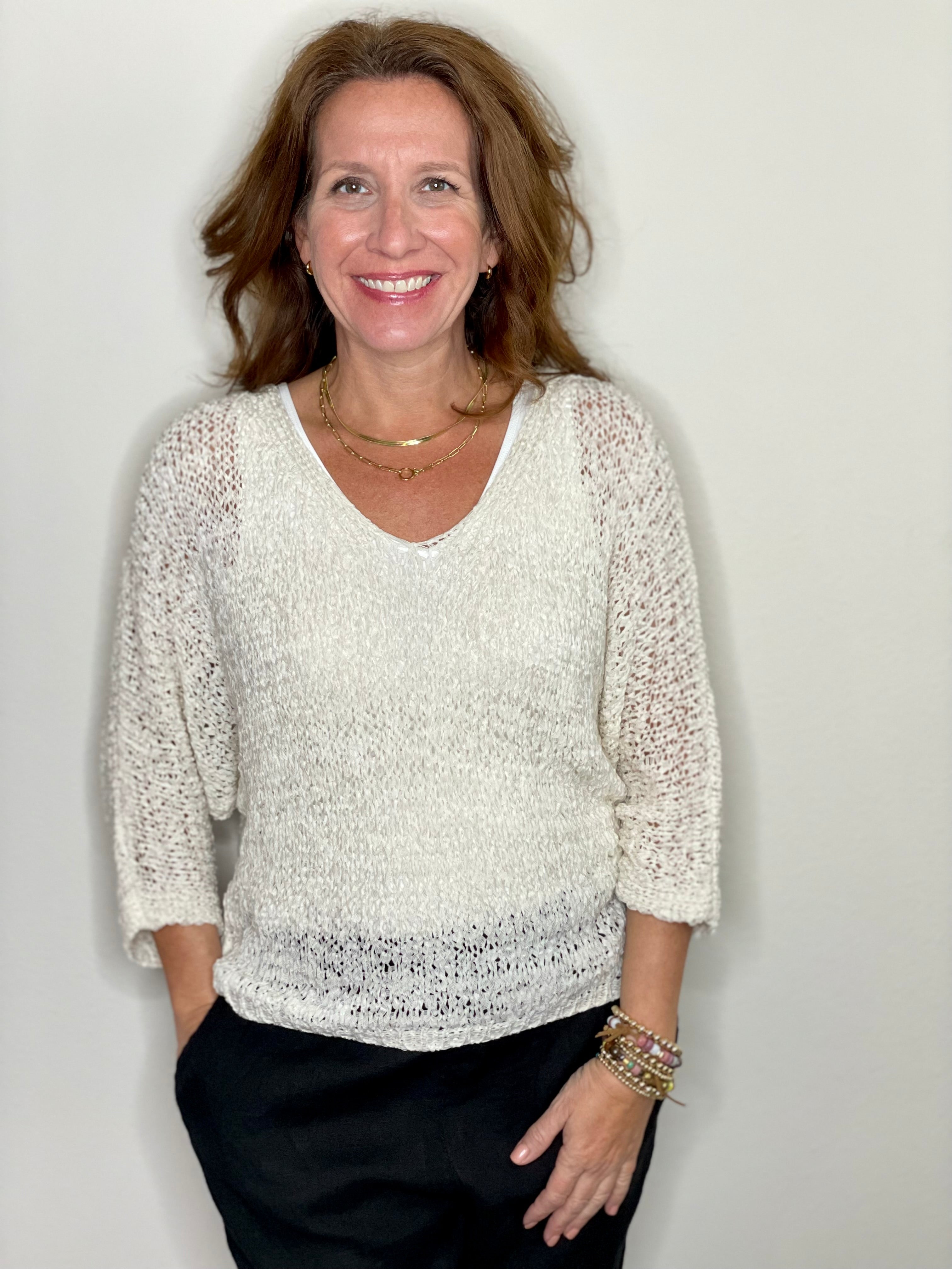 Ribbon Knit Sweater in Cream.