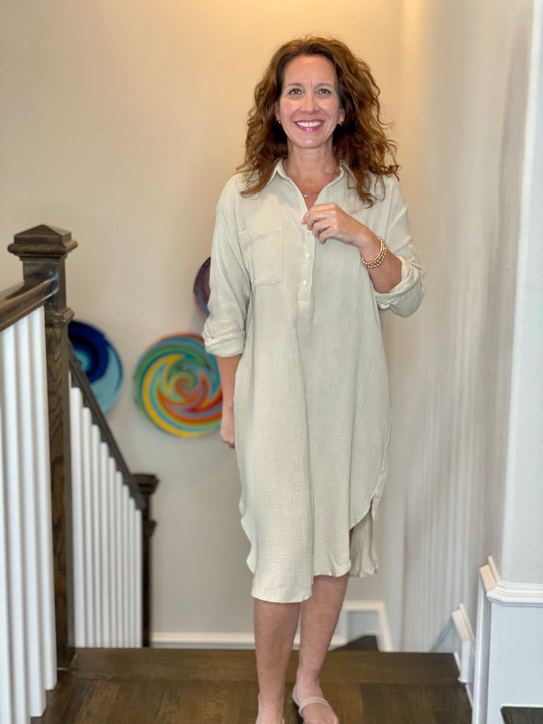 Gauze Button Up Shirt Dress in Sand.