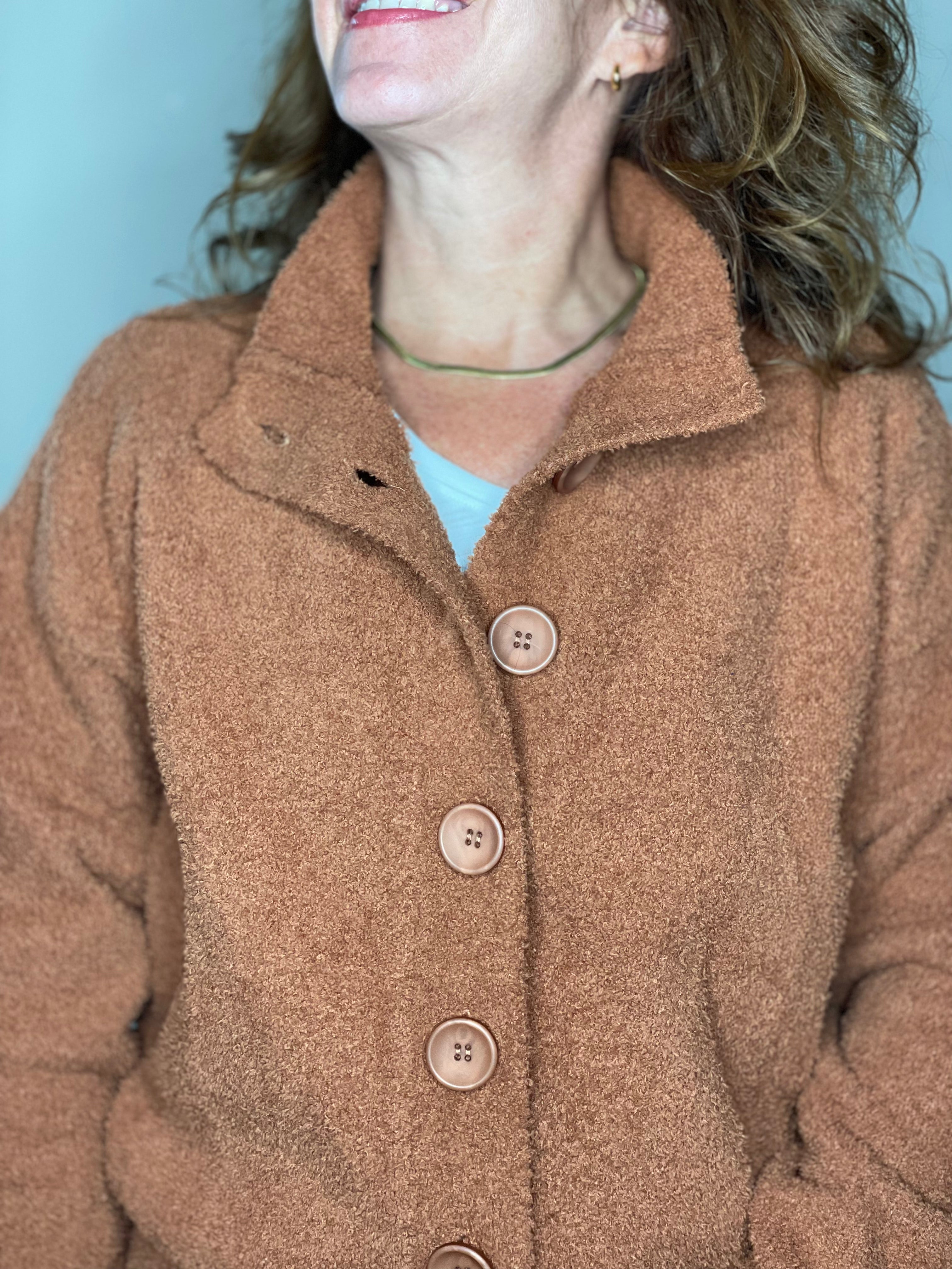 Hello Nite Plush Button Jacket in Terra Cotta.