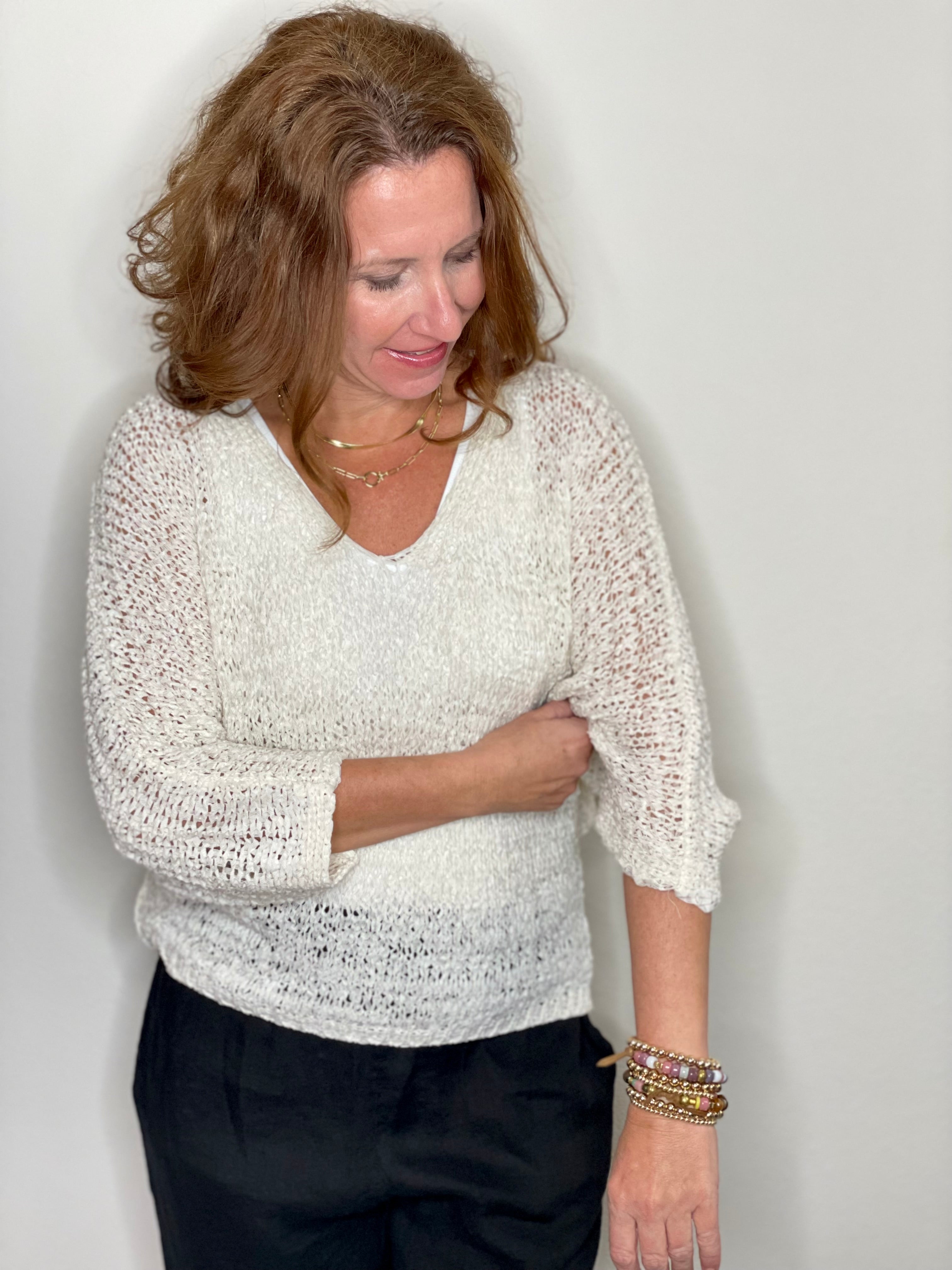 Ribbon Knit Sweater in Cream.