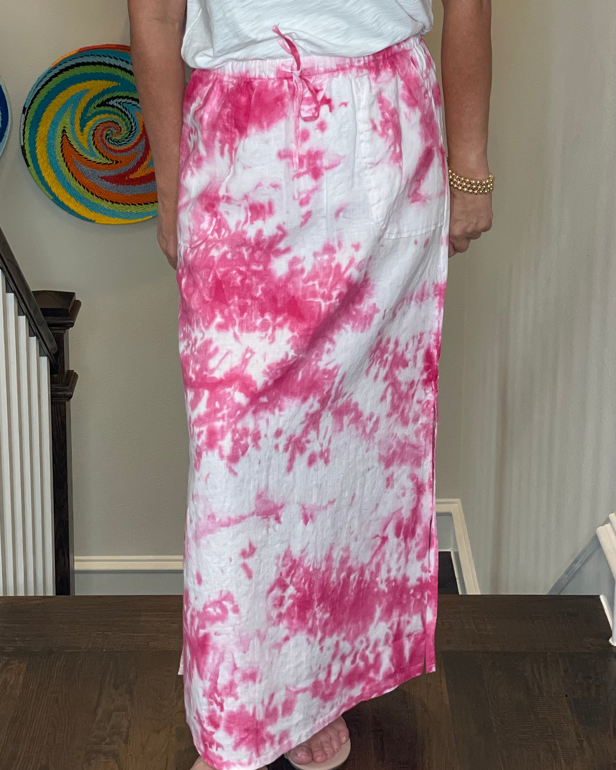 Pure Amici Long Linen Skirt in Petal Tie Dye.