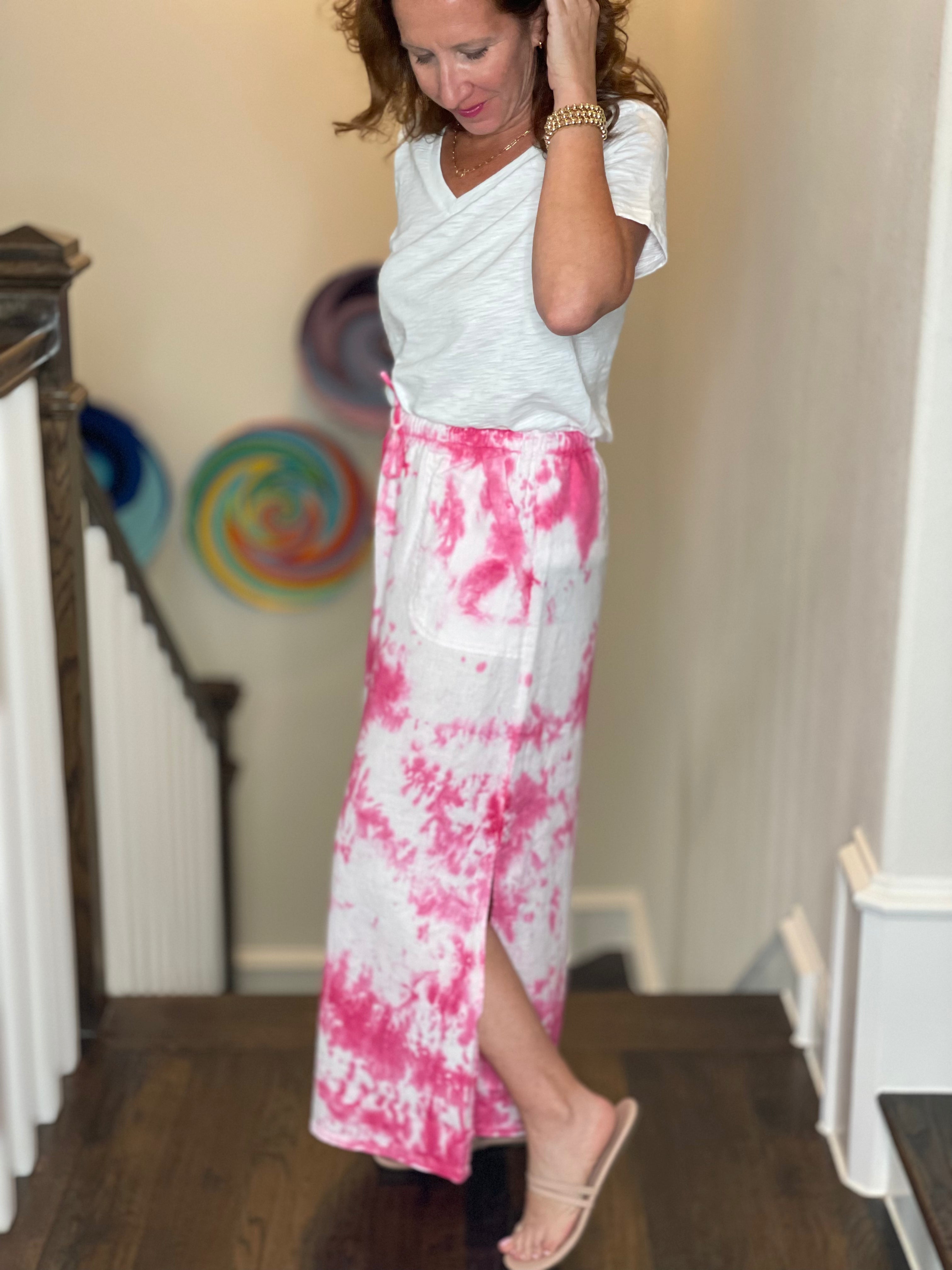 Pure Amici Long Linen Skirt in Petal Tie Dye.
