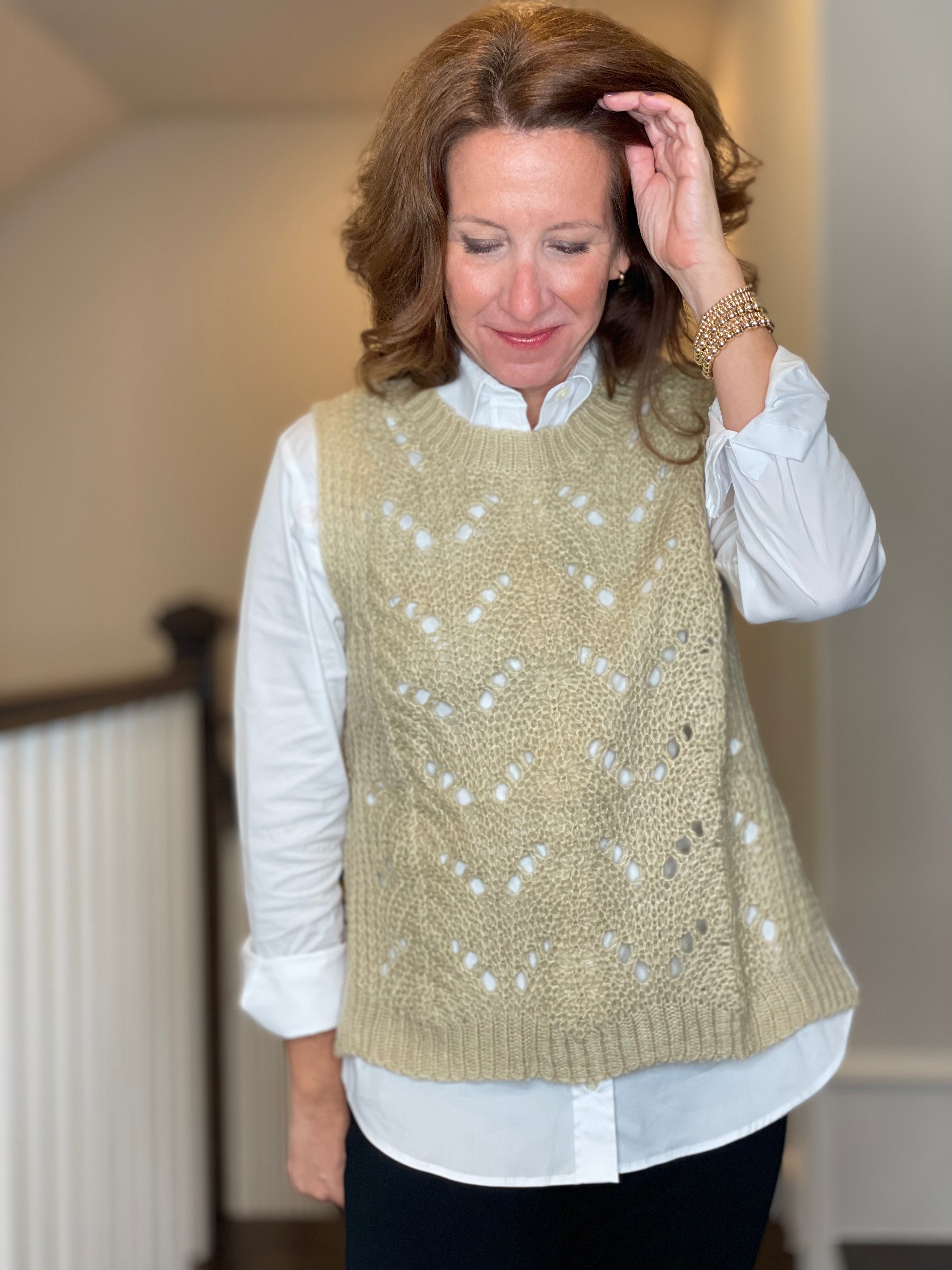 Molly Bracken Pointelle Crew Neck Vest in Beige.