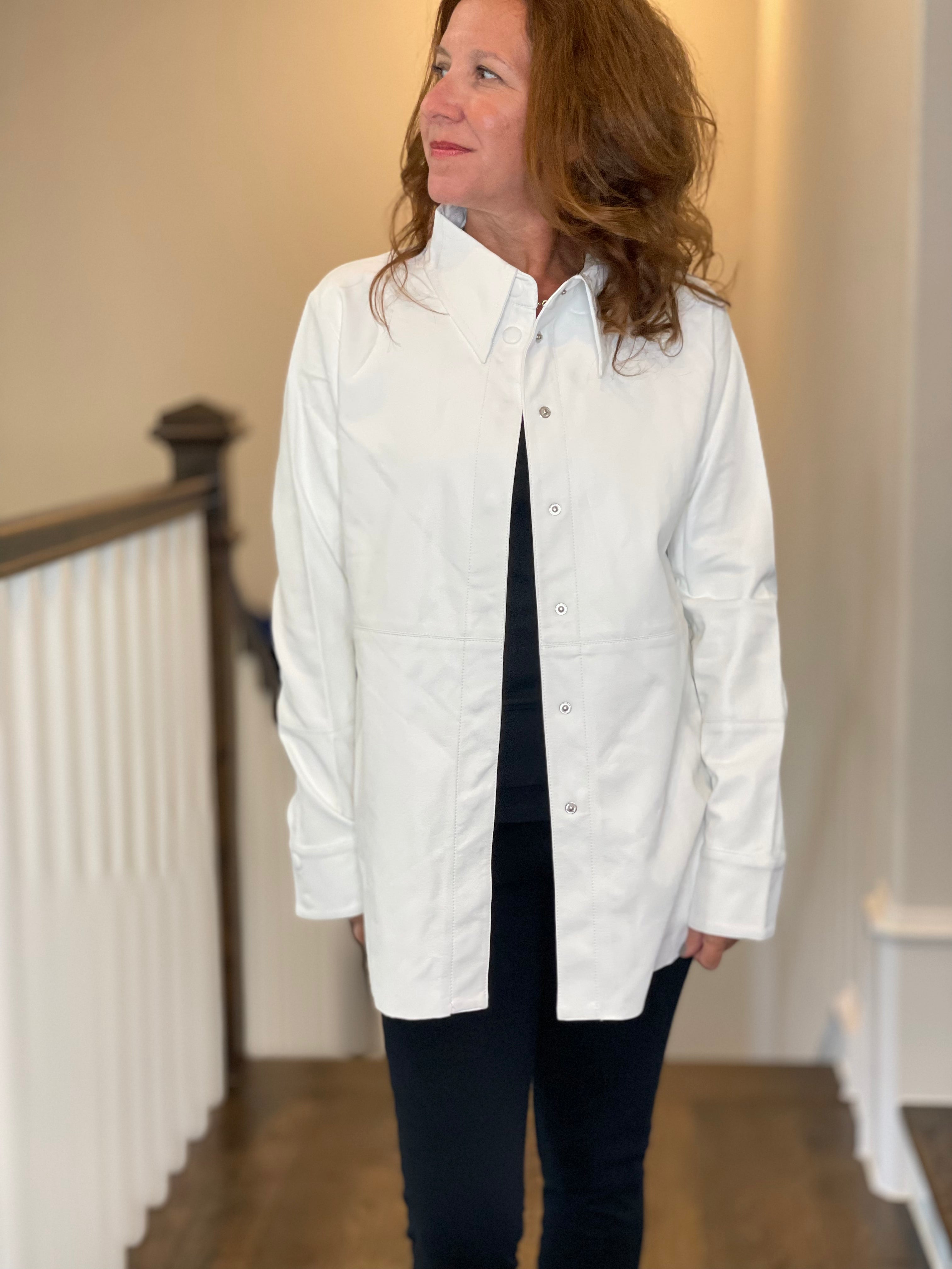 Vegan Leather Button Down Shirt in White.