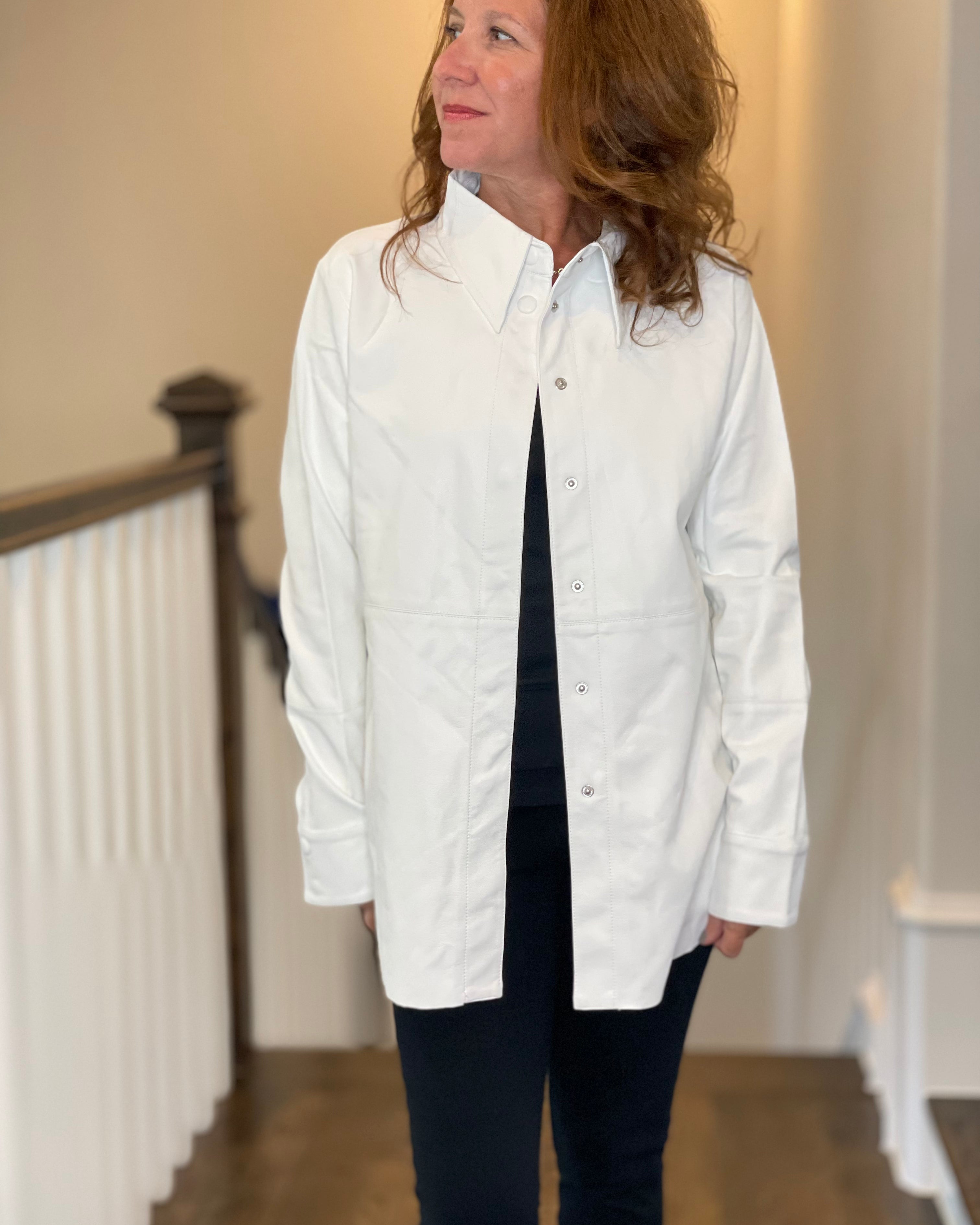 Vegan Leather Button Down Shirt in White.