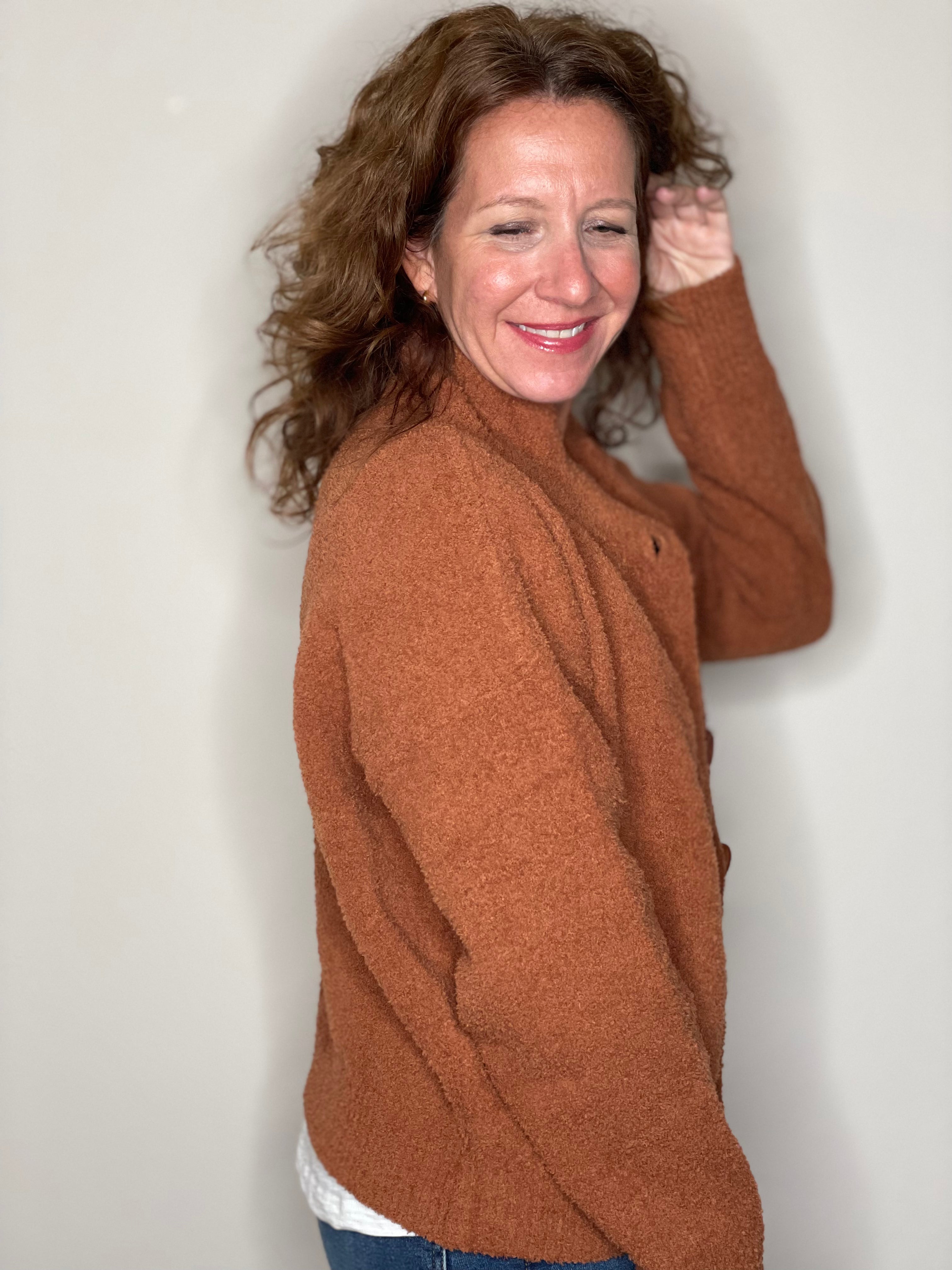 Hello Nite Plush Button Jacket in Terra Cotta.