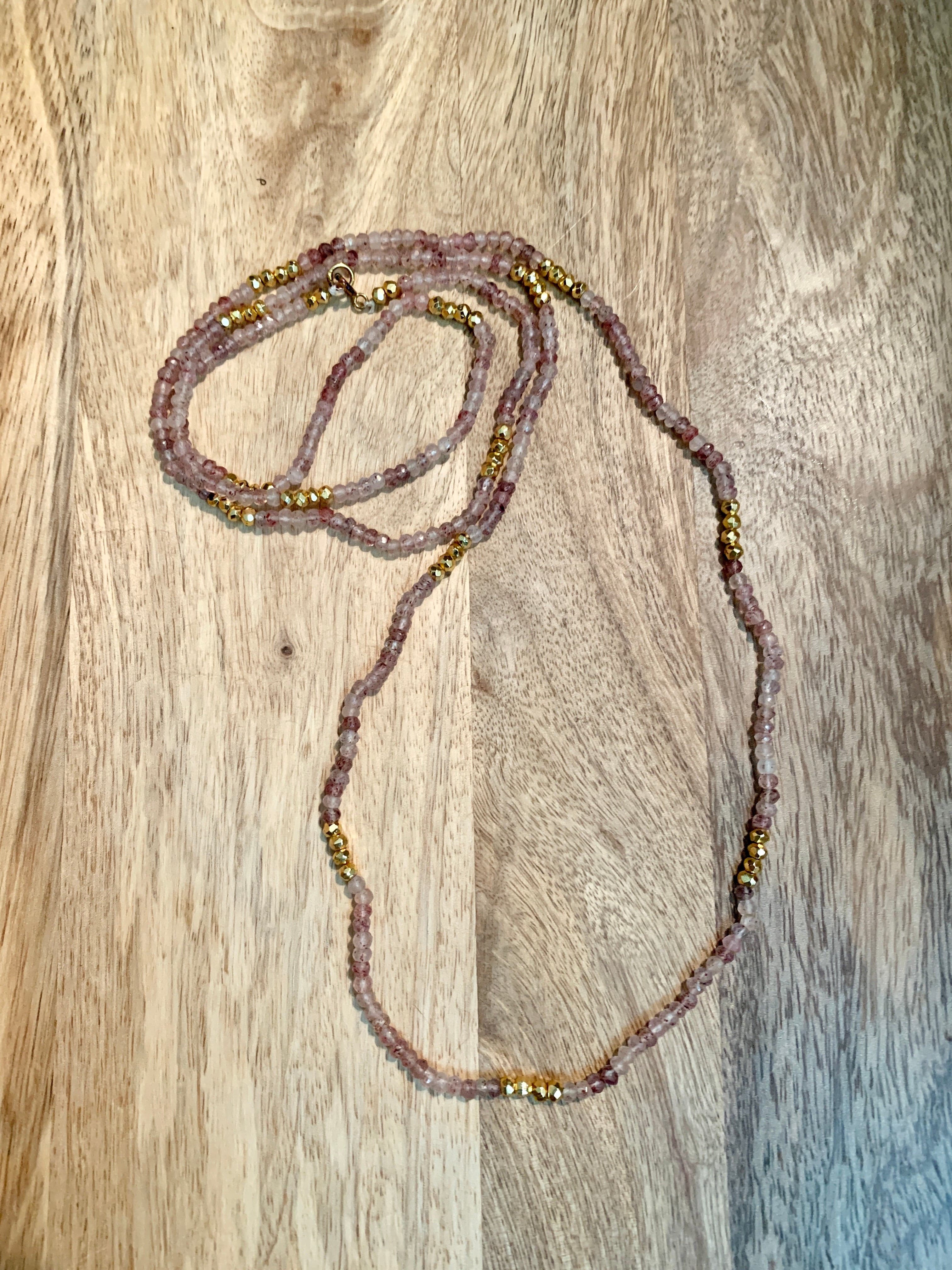 Semi Precious Pink & Brass Long Beaded Necklace.