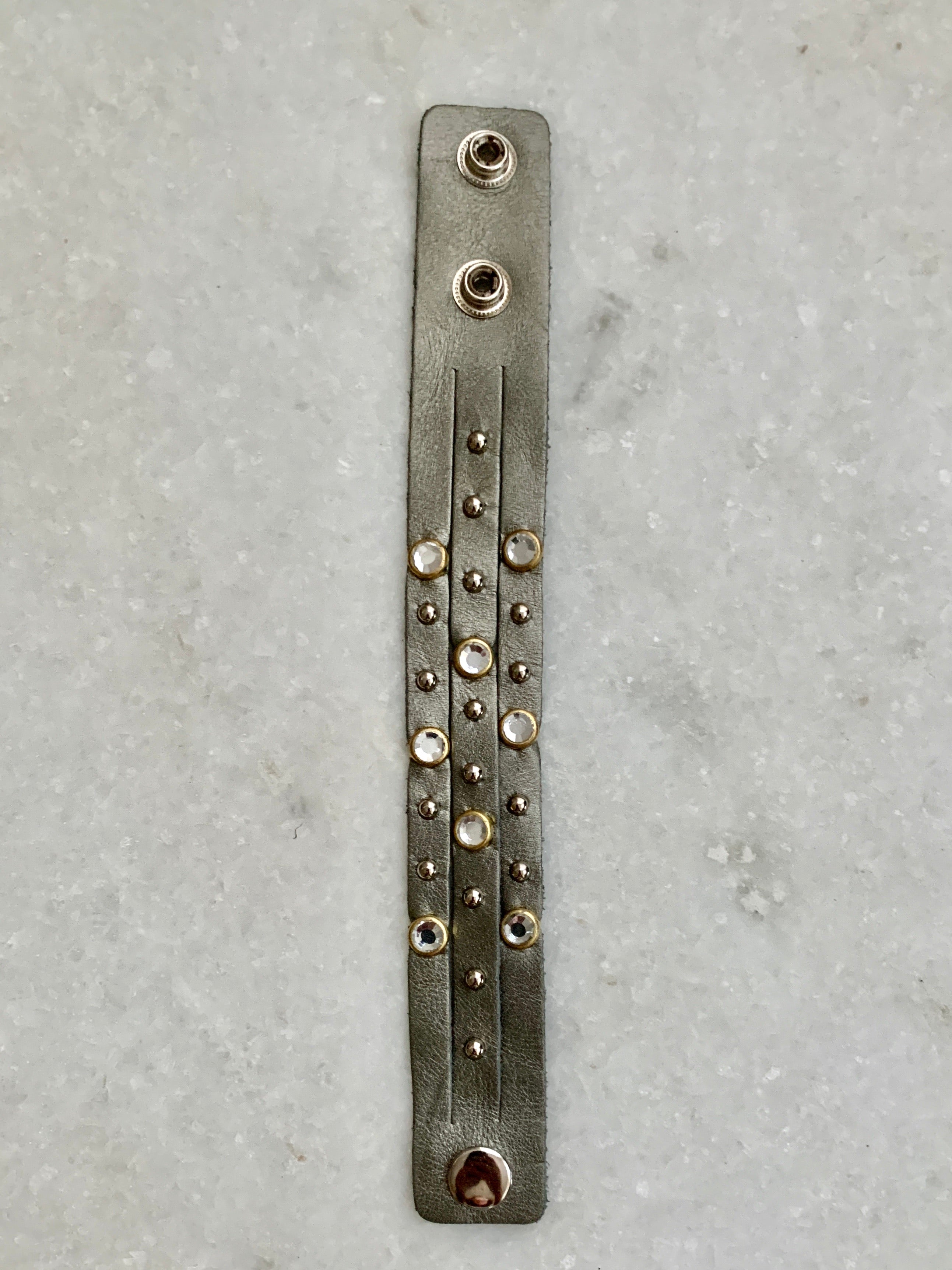 Silver Cz Studded Leather Bracelet.