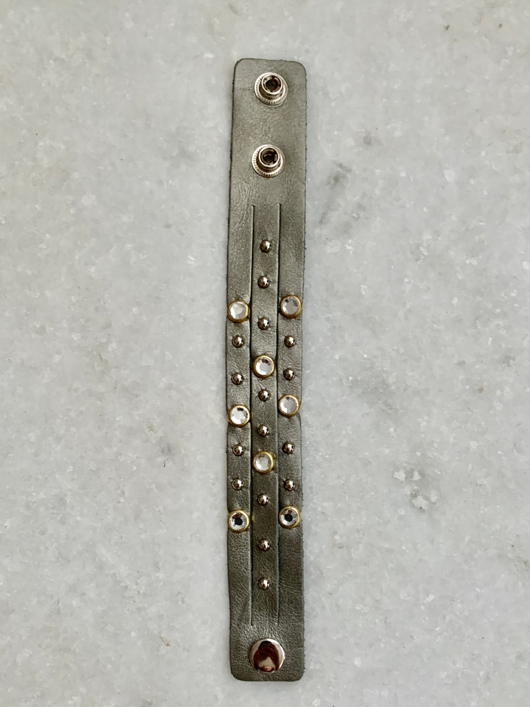 Silver Cz Studded Leather Bracelet.