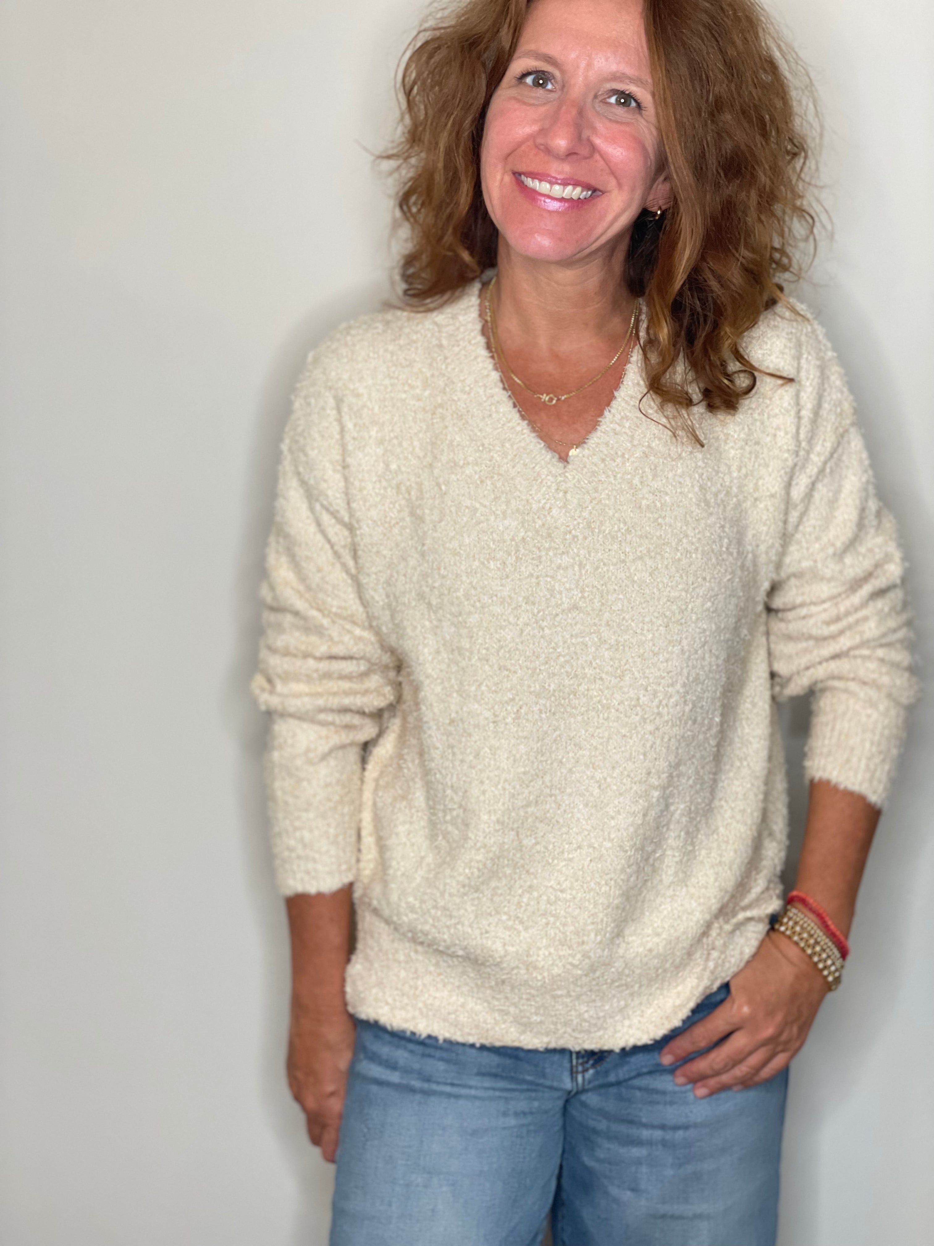 Hello Nite Plush V Neck Pullover in Angel Hair.