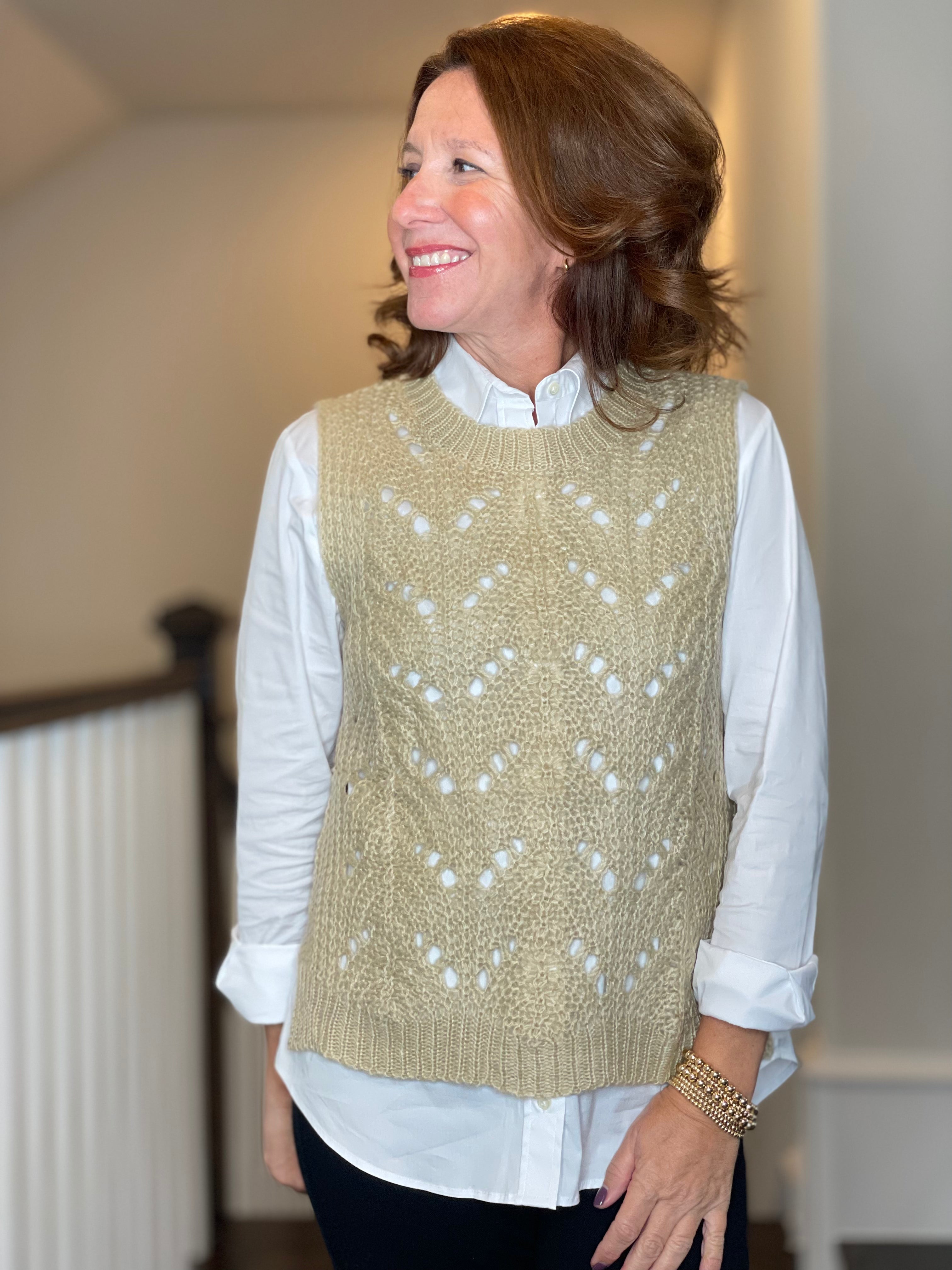 Molly Bracken Pointelle Crew Neck Vest in Beige.