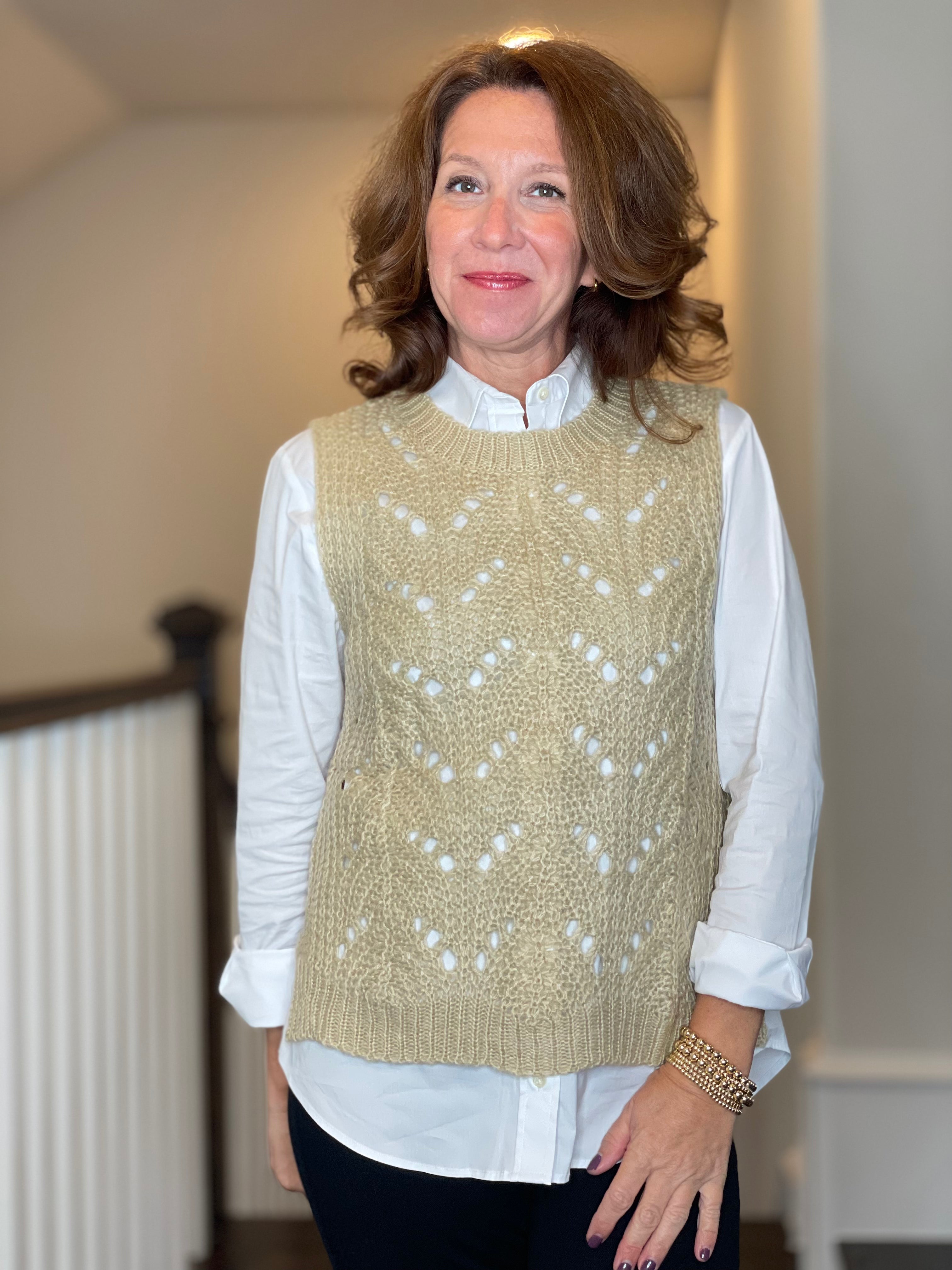 Molly Bracken Pointelle Crew Neck Vest in Beige.